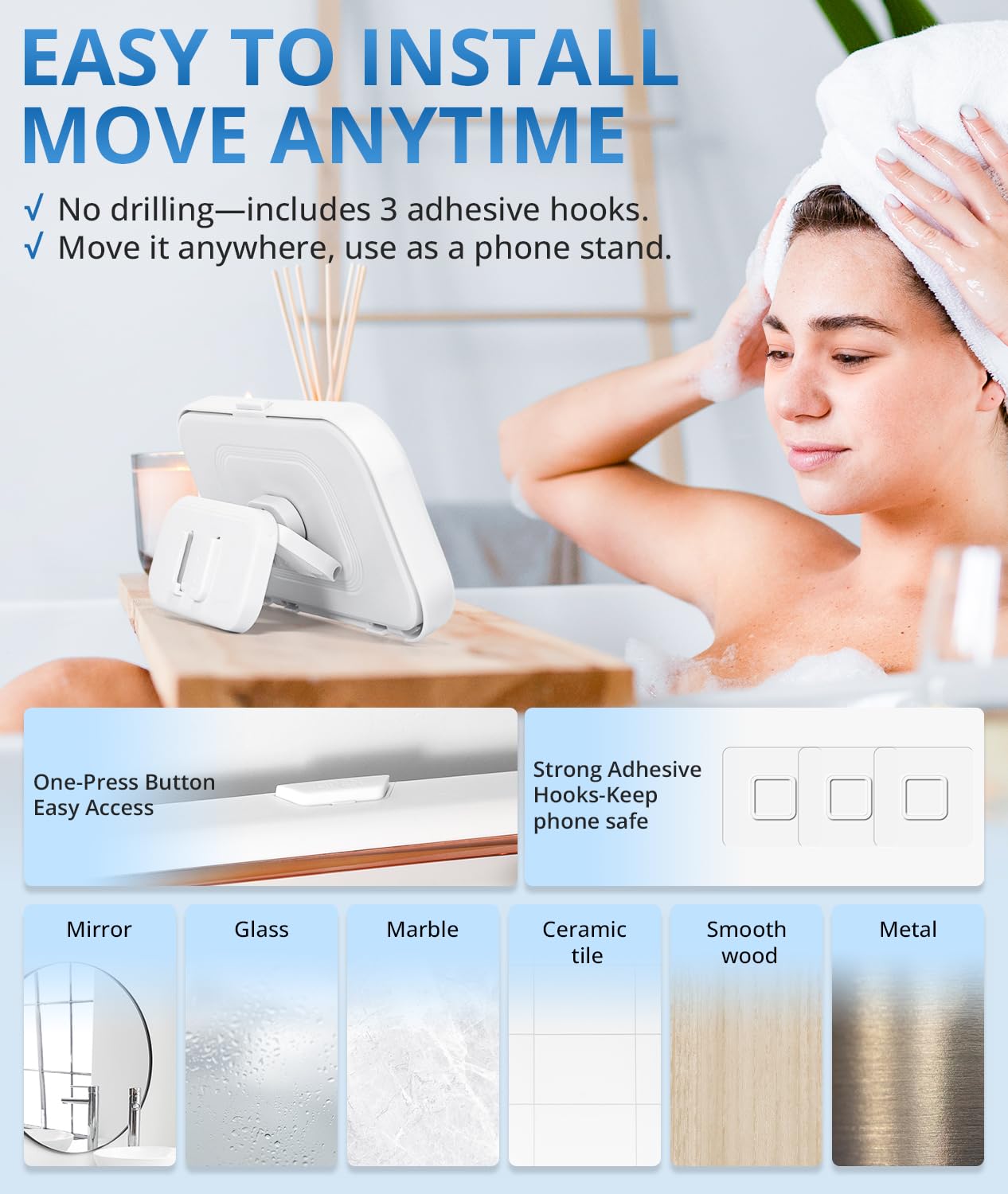 Waterproof Shower Phone Holder with 480° Rotation - Universal Bathroom Phone Mount for Wall, Mirror, and Bathtub - Durable Shower Phone Case for 4-7