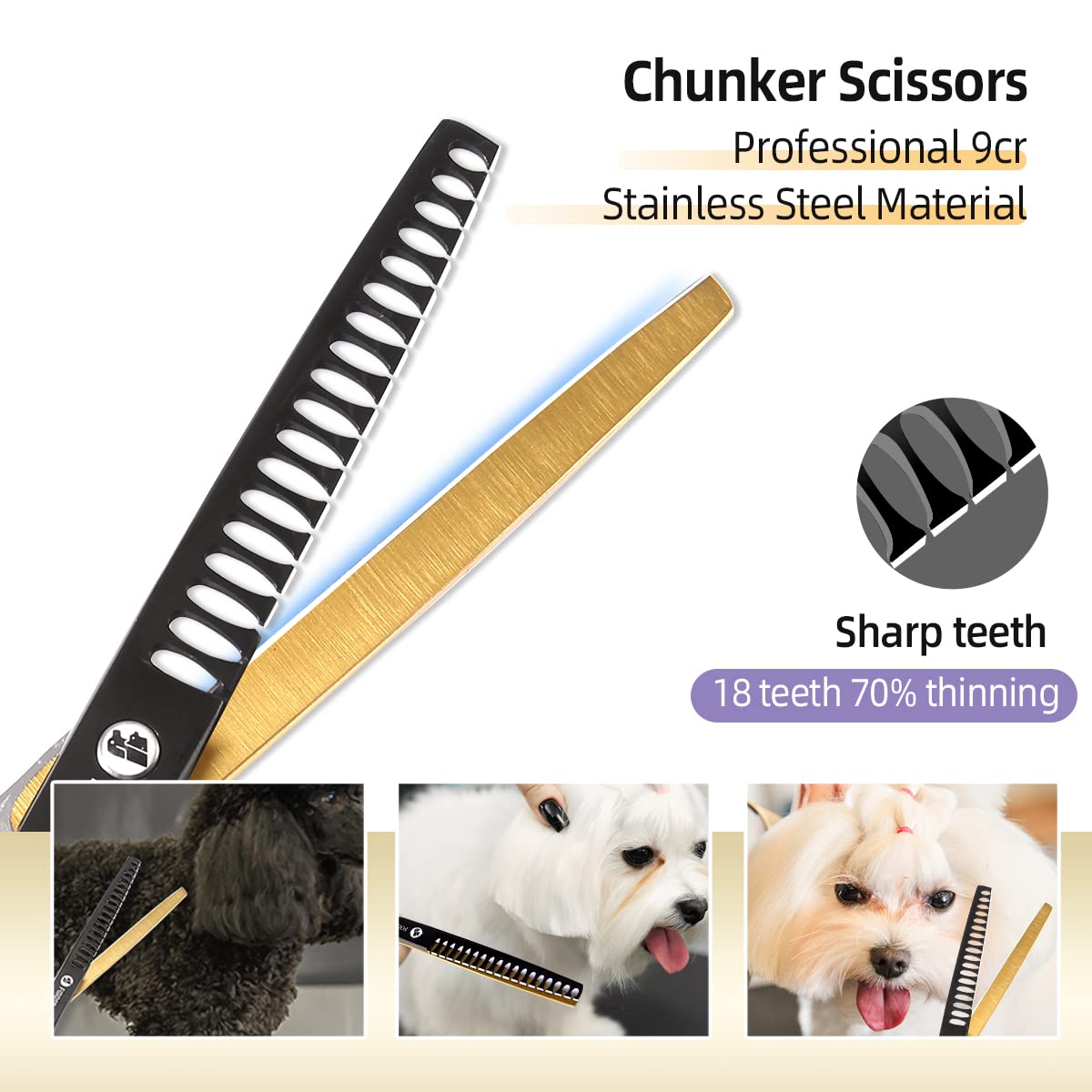 Professional Dog Grooming Scissors Kit for Small Dogs - 4-Piece Set with Blender, Chunker, Curved & Straight Shears (Black & Gold) - Perfect for Home Pet Grooming & Professional Styling
