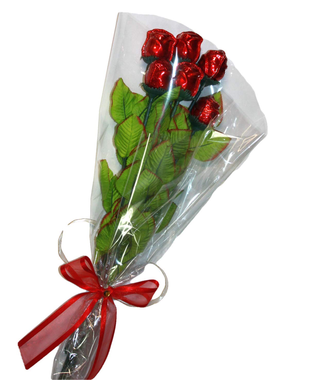 6 Long Stem Red Chocolate Roses Gift - Handmade Milk Chocolate Roses with 19-inch Stems & Silk Leaves, Elegant Red Foil Wrapping - Perfect for Valentine's Day, Anniversaries & Romantic Surprises