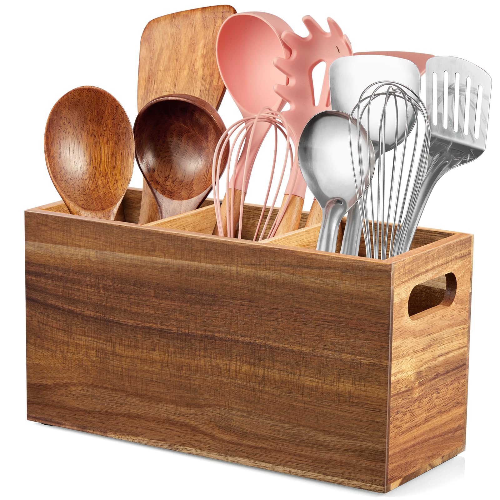 ALELION Acacia Wood Kitchen Utensil Holder - 3 Compartment Countertop Organizer for Spoons, Spatulas & Cooking Tools - Farmhouse Style Kitchen Decor for Counter, Pantry & Dining Room Storage