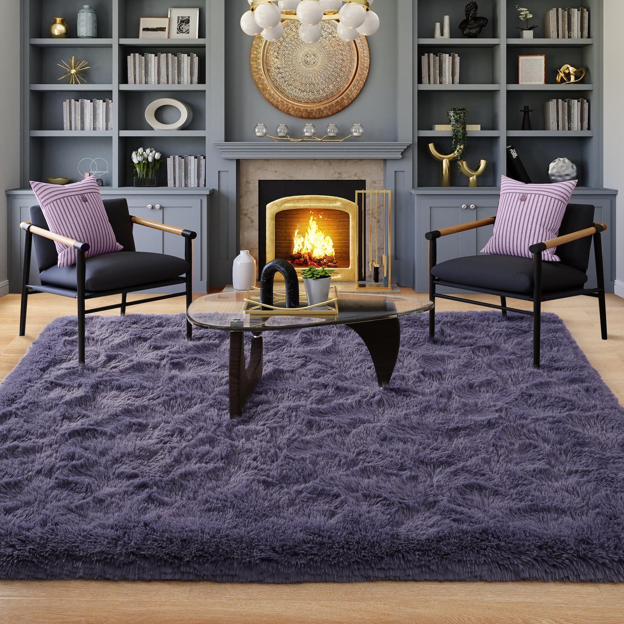 Fluffy 3x5 Grey Purple Shaggy Area Rug - Soft Thick Plush Carpet for Bedroom, Living Room, Kids Room & Dorm Decor - Cozy Aesthetic Floor Mat for Girls' Bedroom, Home & Office Use