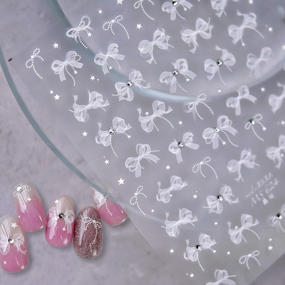 Elegant White Lace Bow Nail Stickers - DIY Nail Art Supplies with Rhinestones & Crystal Diamonds for Manicure Designs | Perfect for Weddings, Parties & Special Occasions