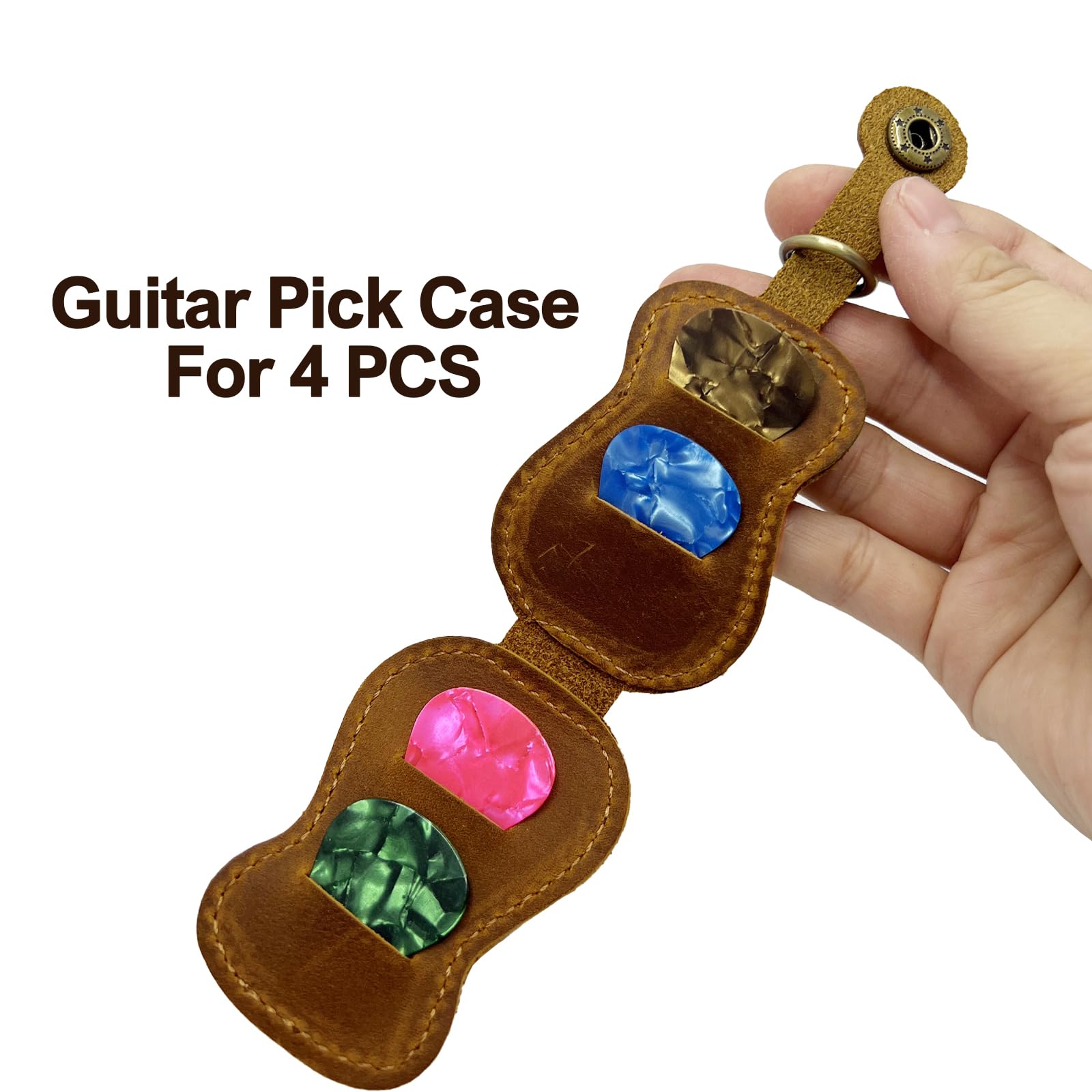 Premium Genuine Leather Guitar Pick Holder Keychain - Compact 4-Pick Storage Case with Hook - Portable Guitar Accessories for Musicians - Perfect for Guitarists, Bass Players & Travel Use