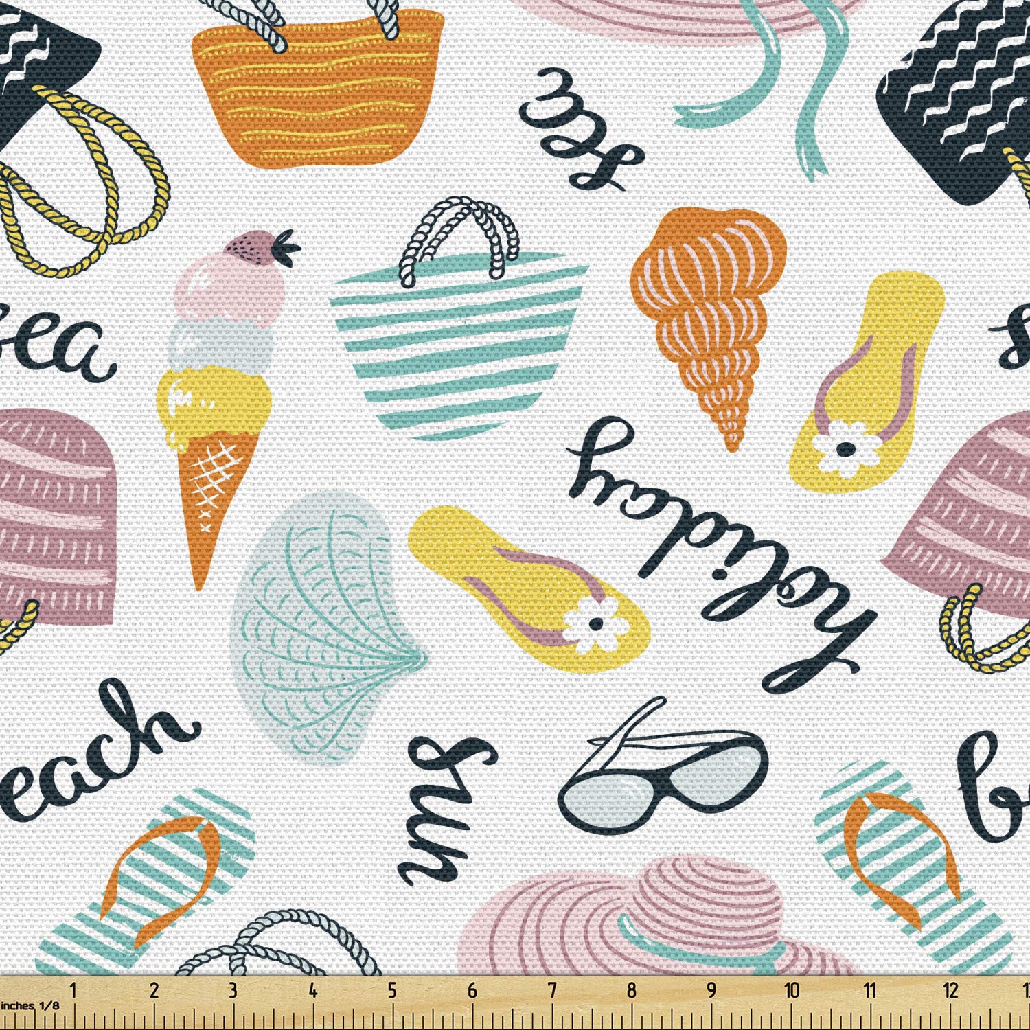 Ambesonne Summer Fabric by The Yard - Vibrant Beach Theme with Flip Flops & Ice Cream Print - 1 Yard Multicolor Decorative Fabric for Upholstery, DIY Projects & Home Decor - Perfect for Beach Bags, Pillow Covers & Seasonal Home Accents