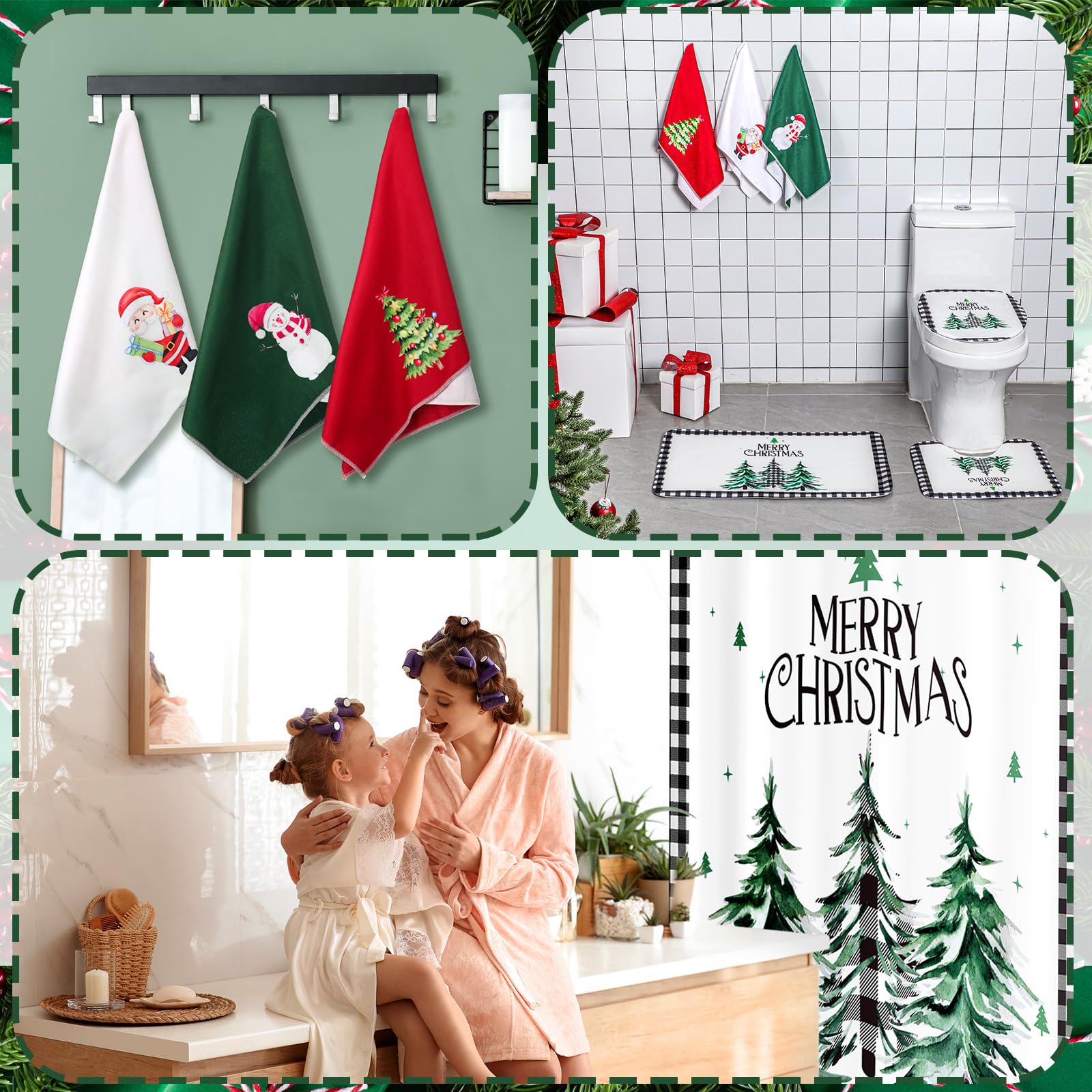 Newwiee 7-Pc Christmas Shower Curtain Set - Waterproof Bathroom Decor for Holiday