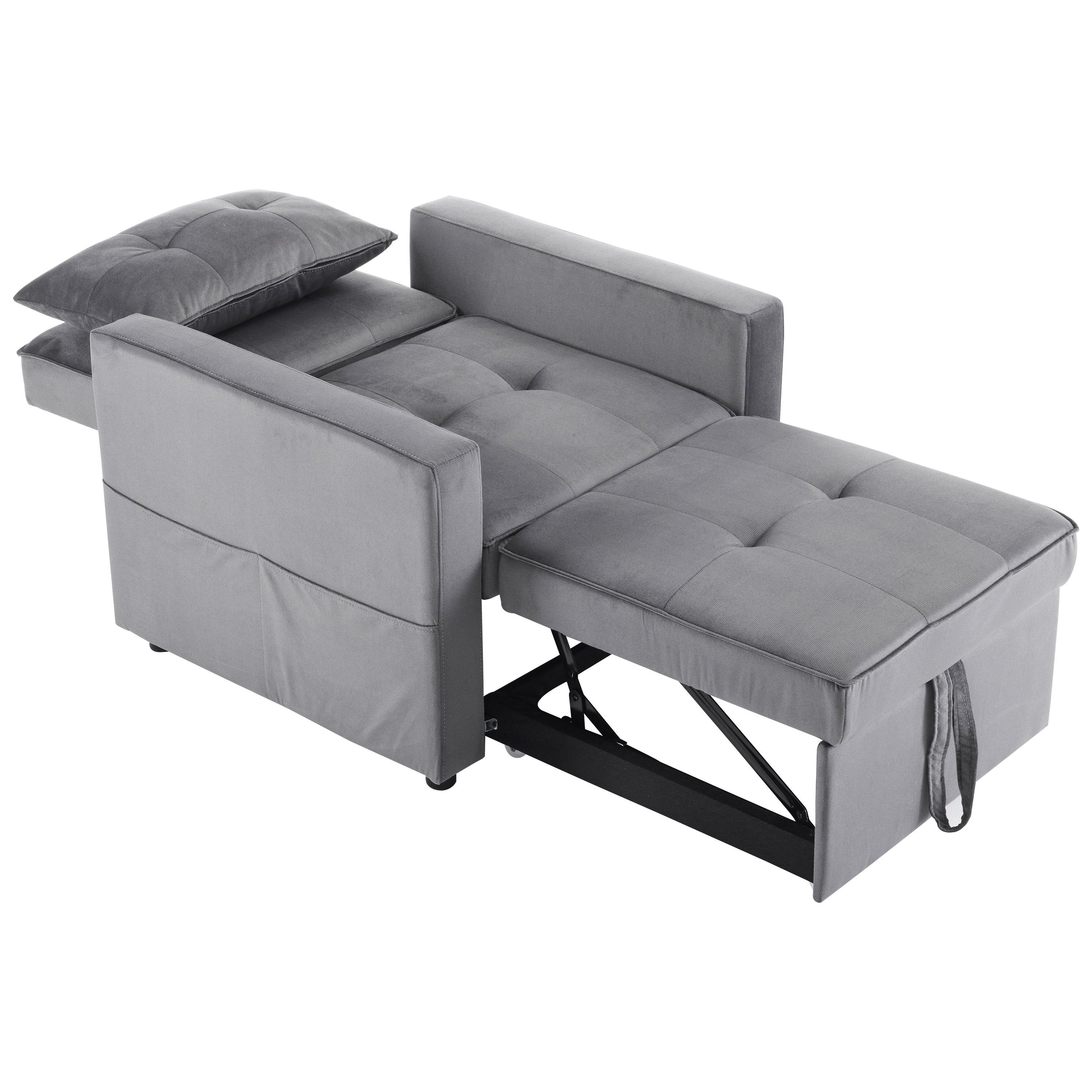 3-in-1 Convertible Sleeper Sofa Bed Chair with Pillow & Pocket - Modern Velvet Fabric Multi-Functional Furniture for Living Room, Bedroom, Study & Small Apartments (Gray) | Perfect for Guest Sleeping, Lounging & Space Saving Solutions