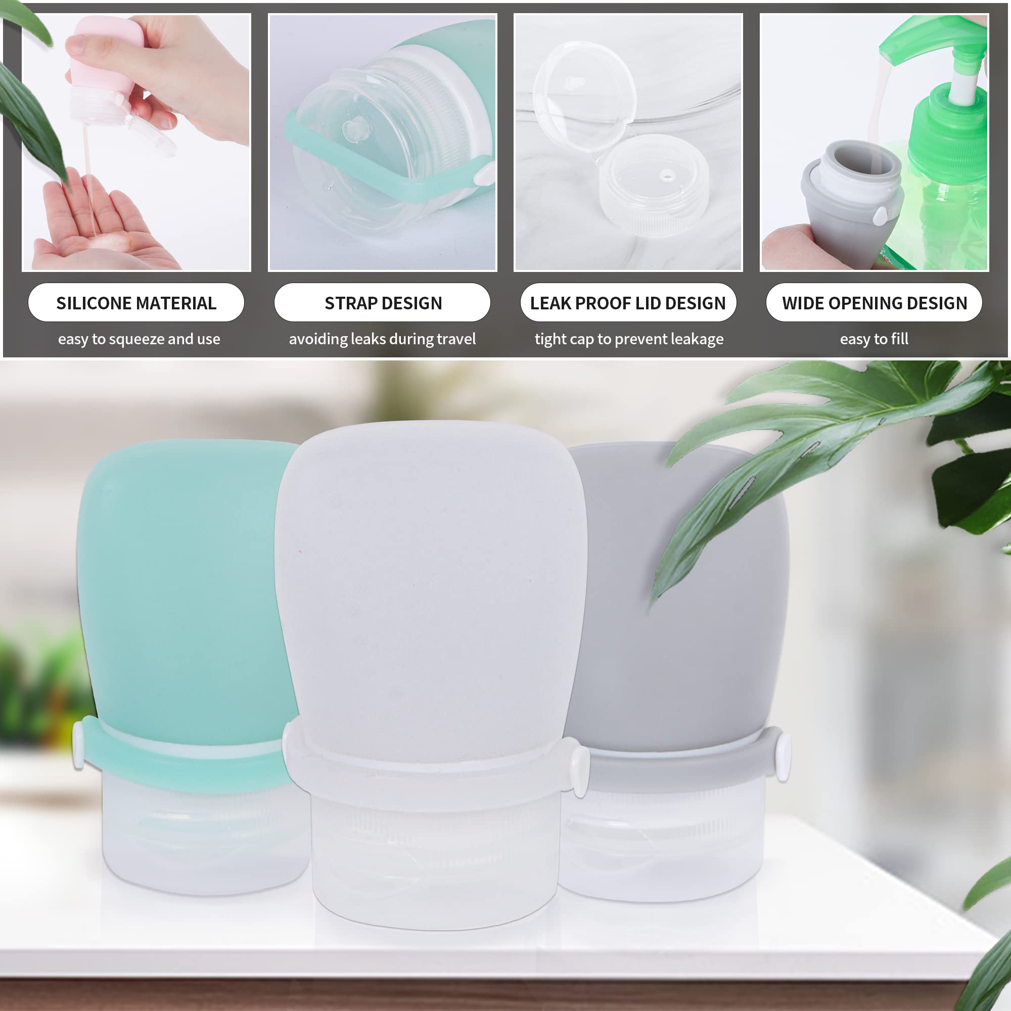 Leak Proof Silicone Travel Toiletry Bottles Set - 4pcs 30ml/1oz Refillable Containers for Shampoo, Lotion & Conditioner (Light Grey) - Perfect for Air Travel, Gym & Vacation Essentials