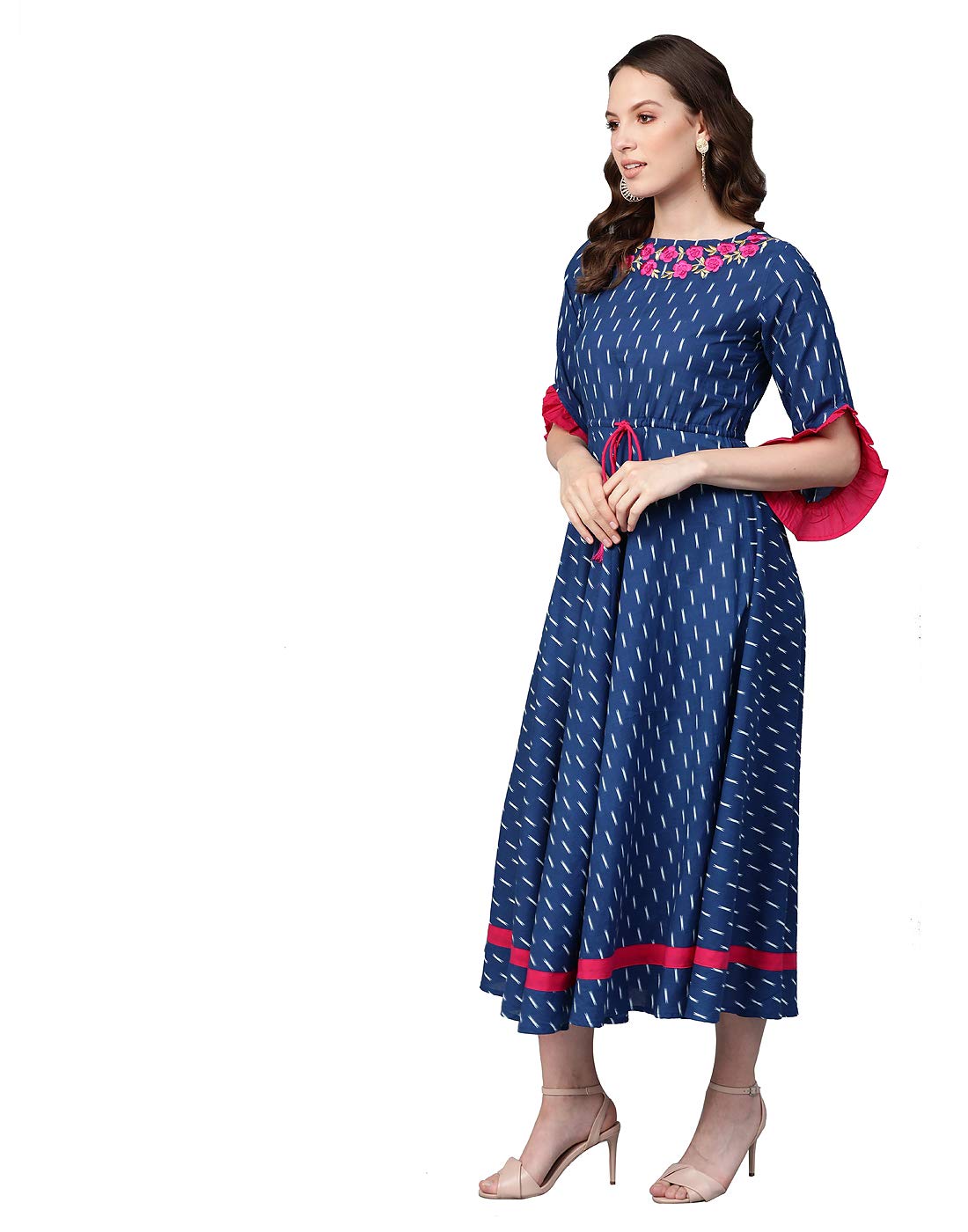 Yash Gallery Women's Cotton Ikat Print Embroidered Flared Dress - Blue Boho Maxi Dress Size 4XL for Beach Vacation, Summer Party & Casual Outings