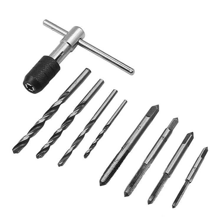 9-Piece T-Type Machine Hand Screw Thread Tap Set (M3/M4/M5/M6) with 4 Twist Drill Bits & Wrench - Perfect for Metalworking, DIY Projects, and Professional Machining