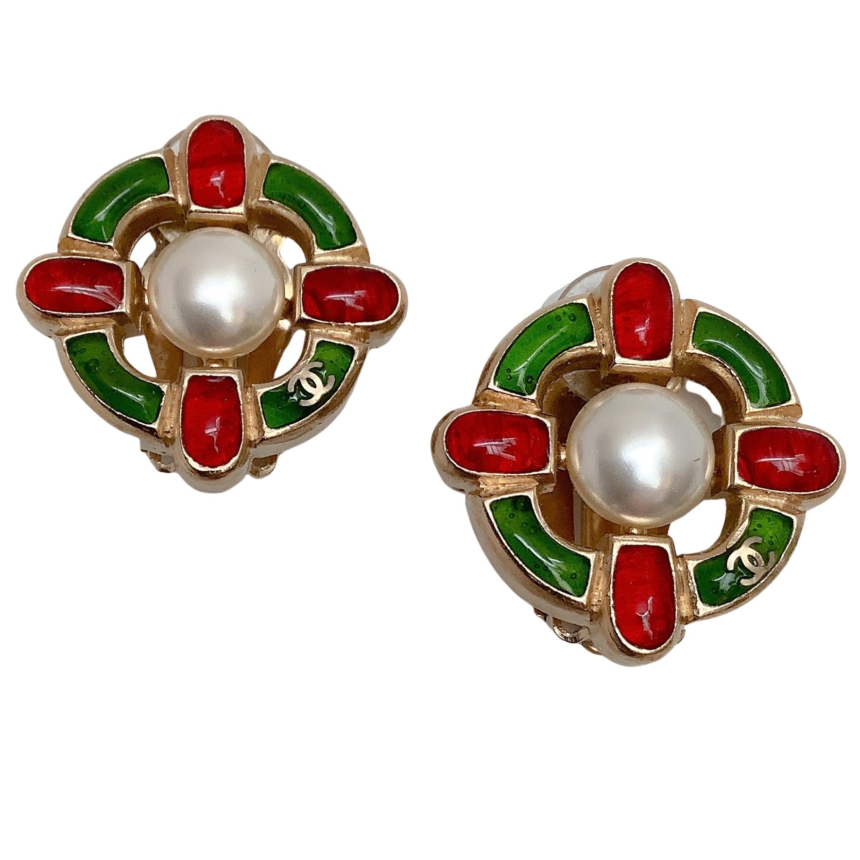 Chanel Red & Green Gripoix Pearl Clip-On Earrings for Women - Vintage Luxury Fashion Jewelry for Parties, Weddings & Special Occasions