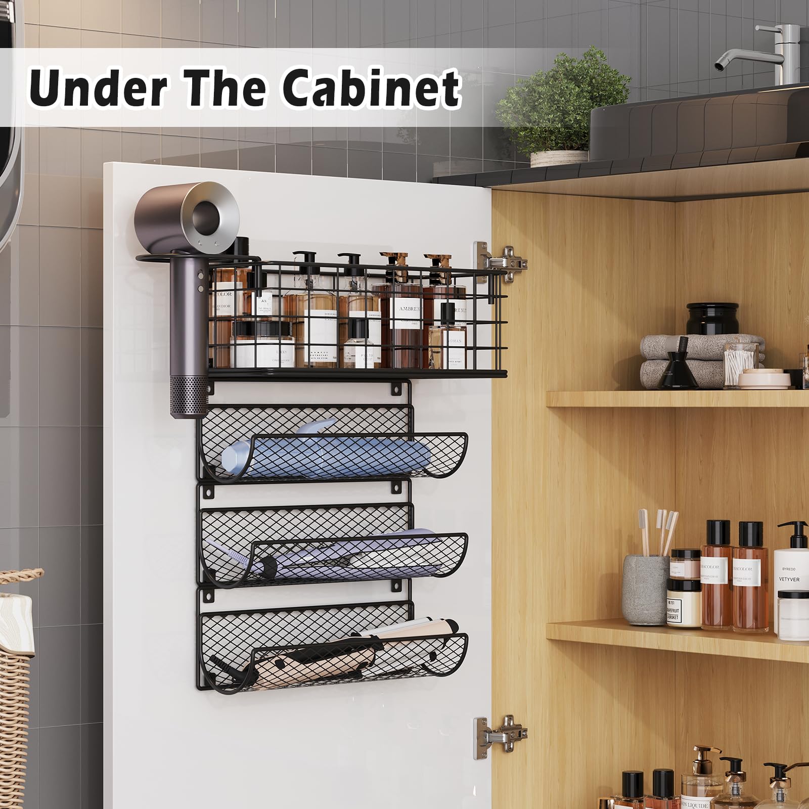 Wall-Mounted Hair Dryer Holder & Styling Tool Organizer - 4-Tier Heat Resistant Storage Rack with Hooks for Hair Straighteners, Curling Wands, Flat Irons & Beauty Products - Perfect for Bathroom, Kitchen & Cabinet Door Organization (Space Saving Solution)