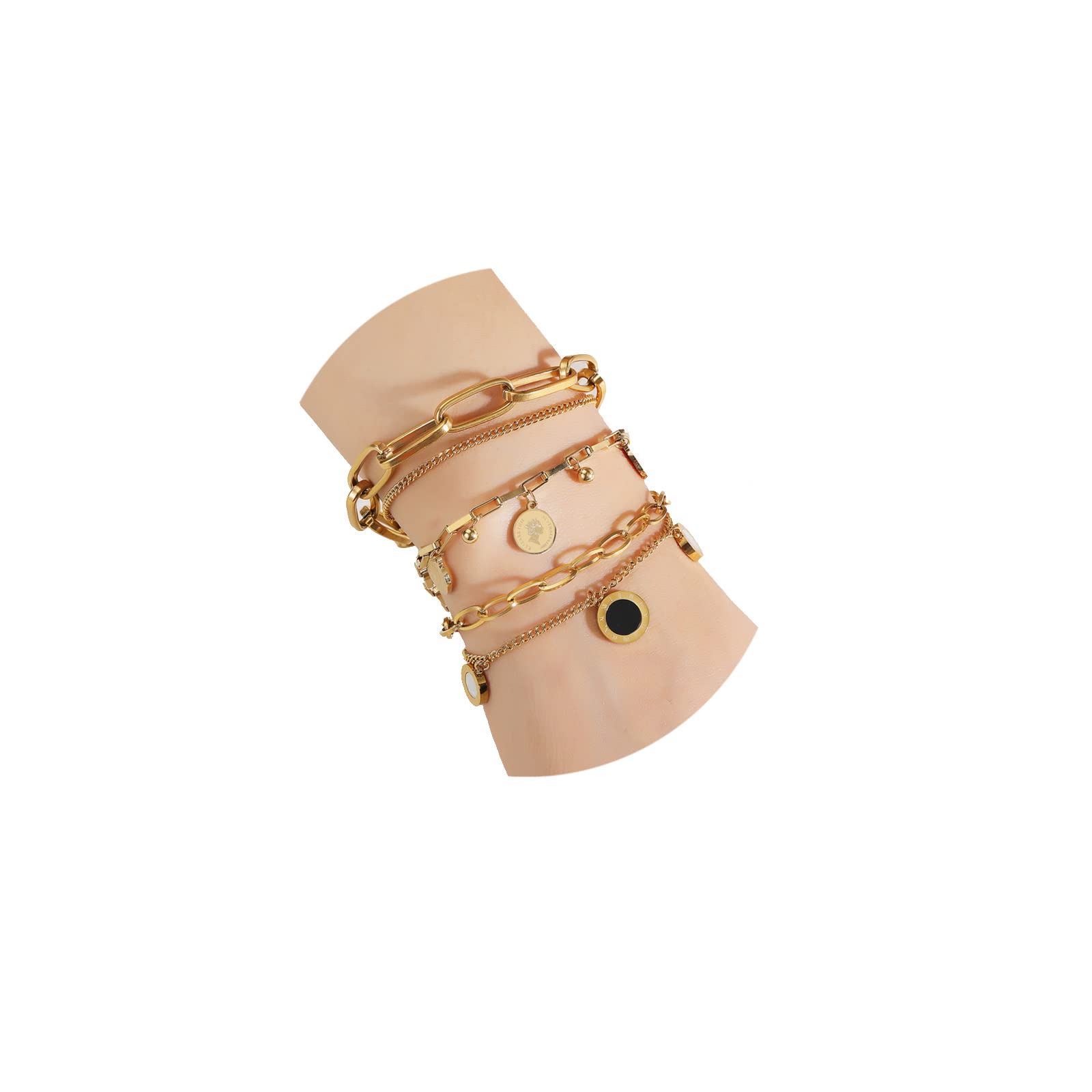 14K Gold Plated Paperclip Chain Bracelet Set for Women & Teen Girls - Adjustable Layered Cross Star Coin Pearl Link Bracelets | Perfect for Stacking, Everyday Wear, Gifts & Special Occasions