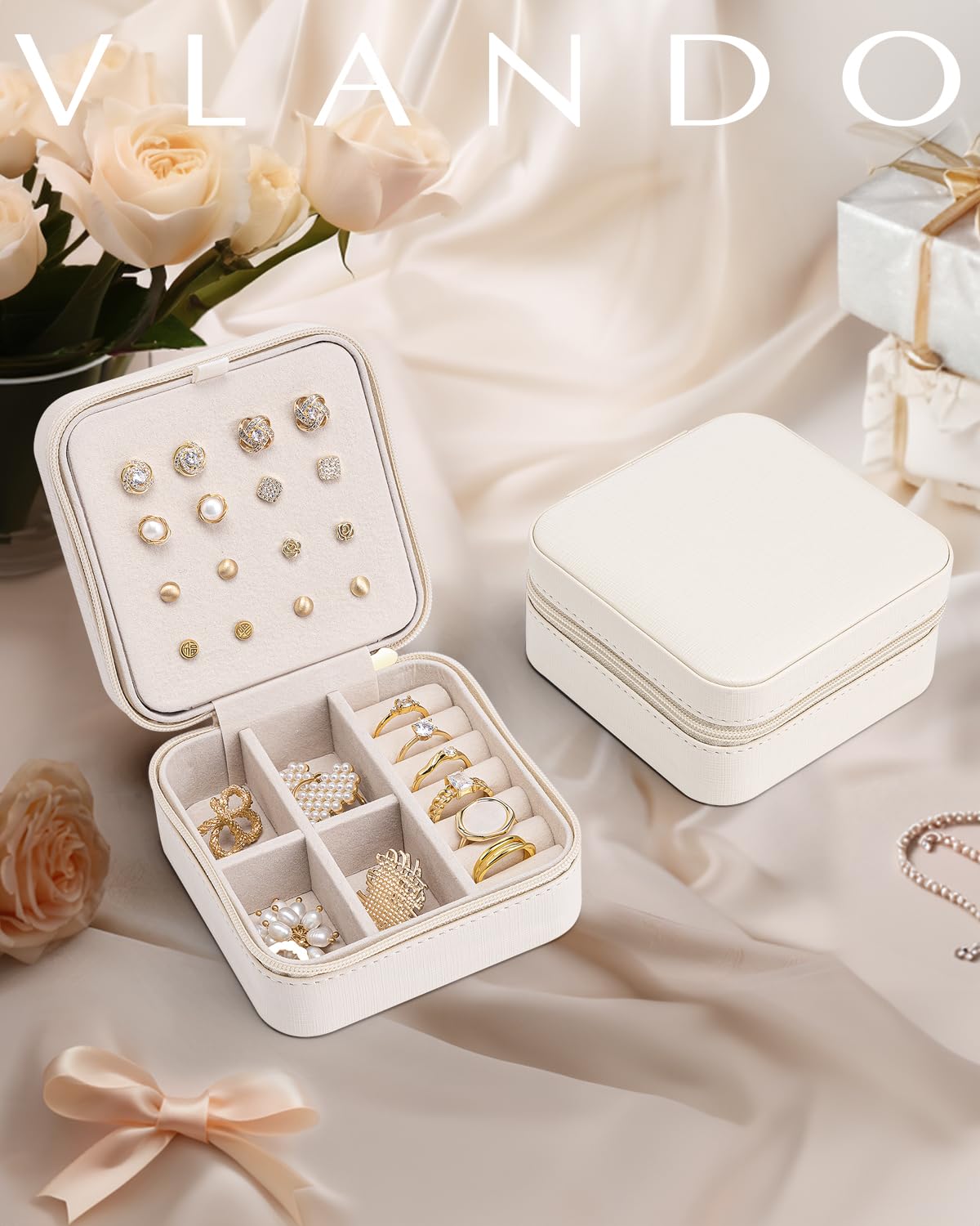 Vlando Travel Jewelry Organizer Box - Compact Jewelry Case for Women & Girls, Portable Jewelry Storage for Necklaces, Rings & Earrings - Perfect for Vacation, Business Trips & Daily Use - White