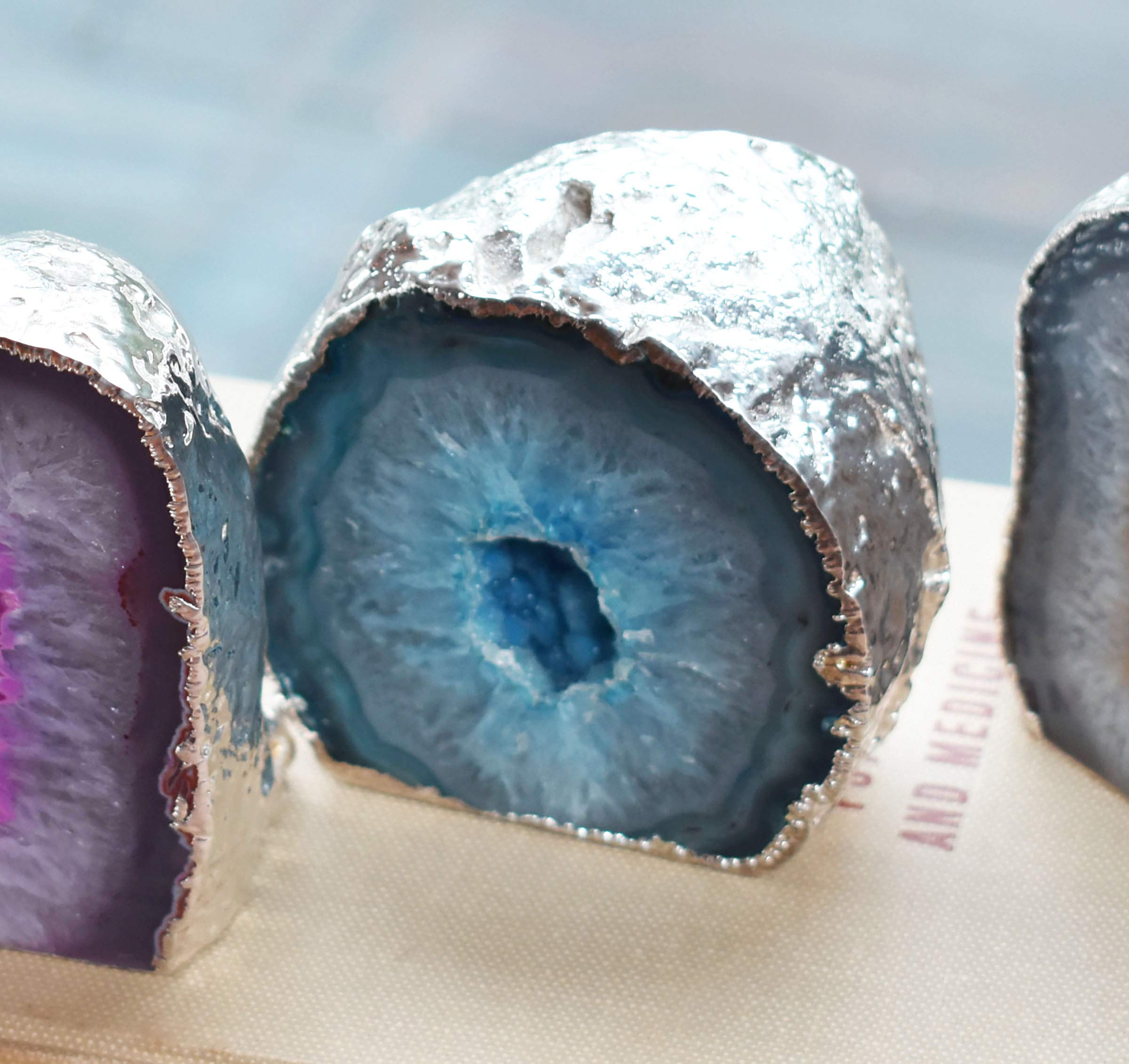 Premium Small Teal Agate Geode with Silver Trim - Natural Crystal Decor for Home, Office & Meditation | Nature's Decorations