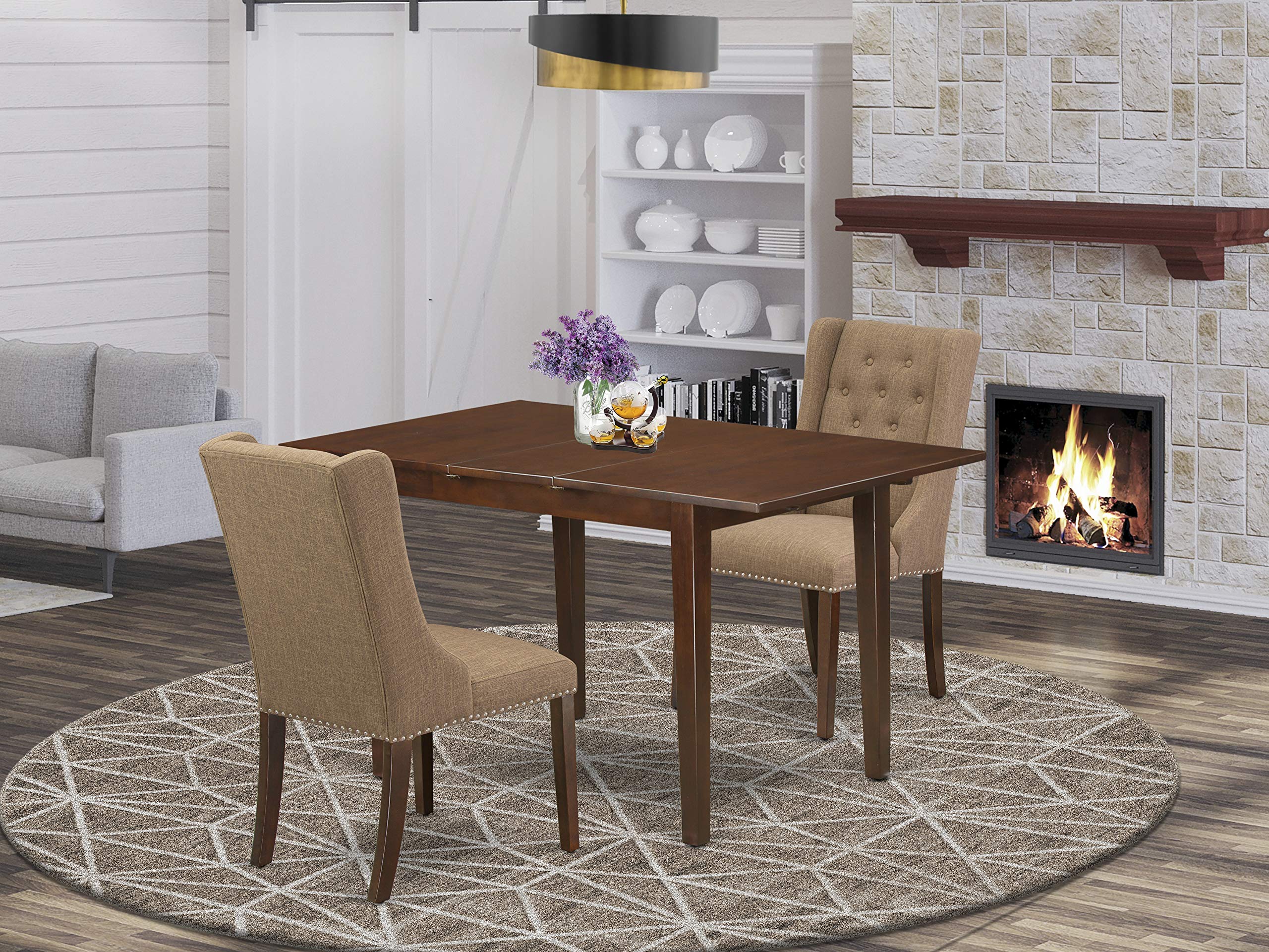 East West Furniture 3-Piece Dining Table Set with Butterfly Leaf - 32x54 Inch Rectangle Table & 2 Linen Upholstered Chairs in Linen White - Perfect for Small Spaces, Breakfast Nooks & Cozy Dining Rooms