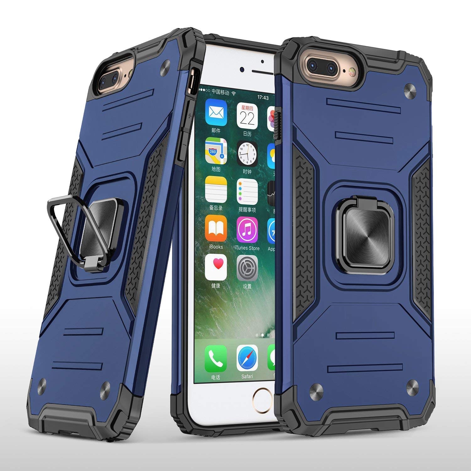 ZUKKY Military Grade Shockproof Case with 360° Rotating Metal Ring Kickstand for iPhone 7 Plus/8 Plus (5.5 Inch) - Blue | Perfect for Outdoor Activities, Travel & Daily Protection