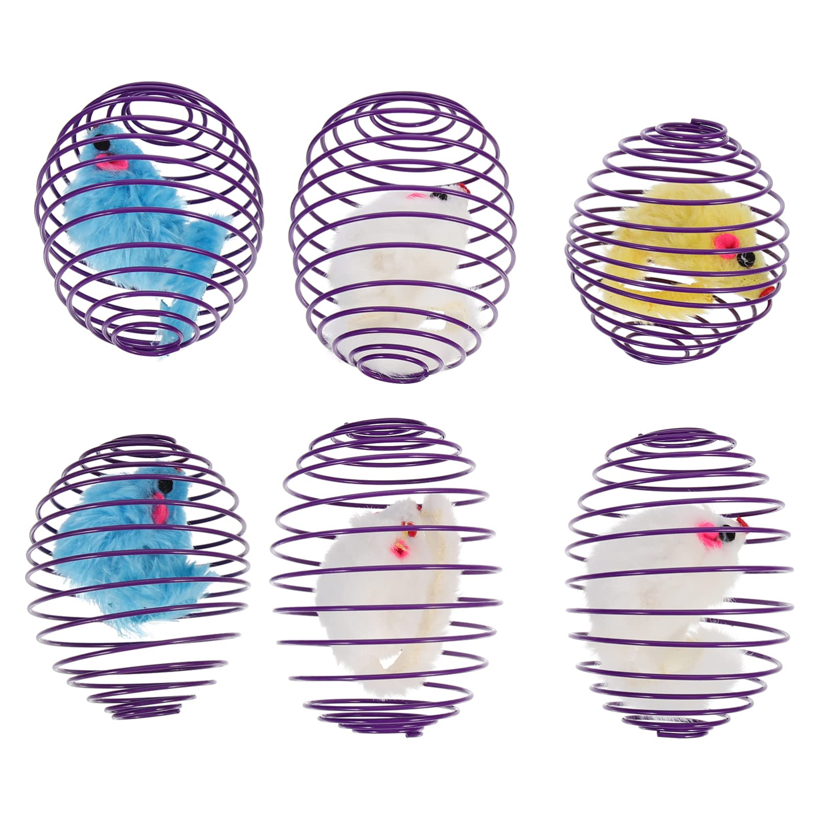 POPETPOP 6-Piece Plush Cat Spring Toys - Interactive Rolling Balls & Caged Rats for Kittens - Fun Hunting, Biting & Swatting Game - Random Colors - Perfect for Indoor Play & Pet Stimulation