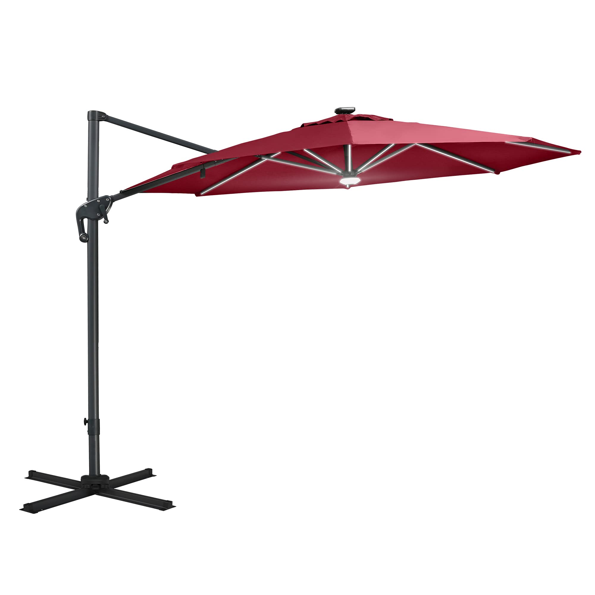 Outsunny 10ft Solar LED Cantilever Patio Umbrella - Aluminum Hanging Offset Outdoor Sun Shade with 360° Rotation, Built-in Lights, Adjustable Tilt & Crank, Heavy-Duty Cross Base - Perfect for Poolside, Backyard, Deck, and Garden Relaxation