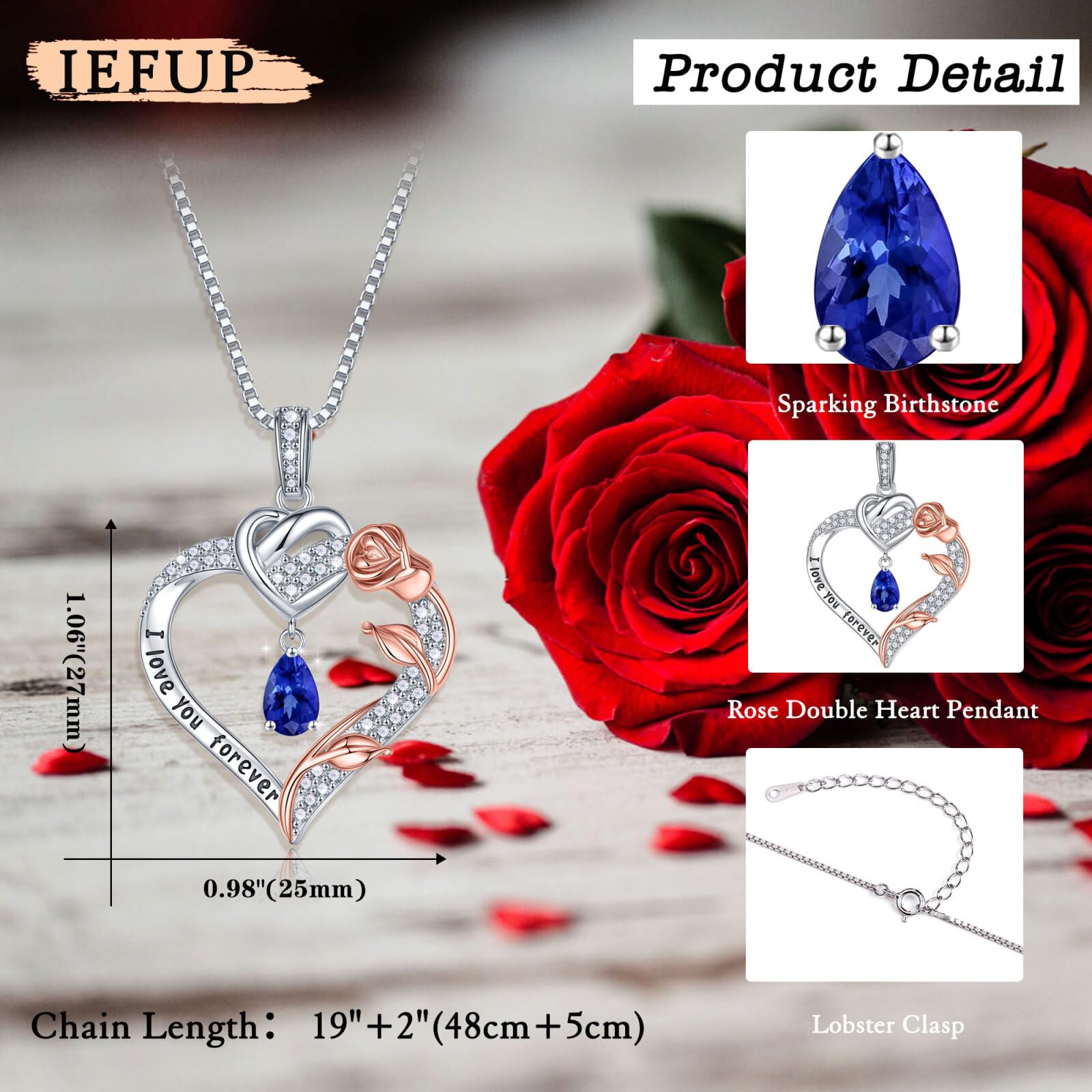 925 Sterling Silver Rose Heart Birthstone Necklace for Women - Personalized 