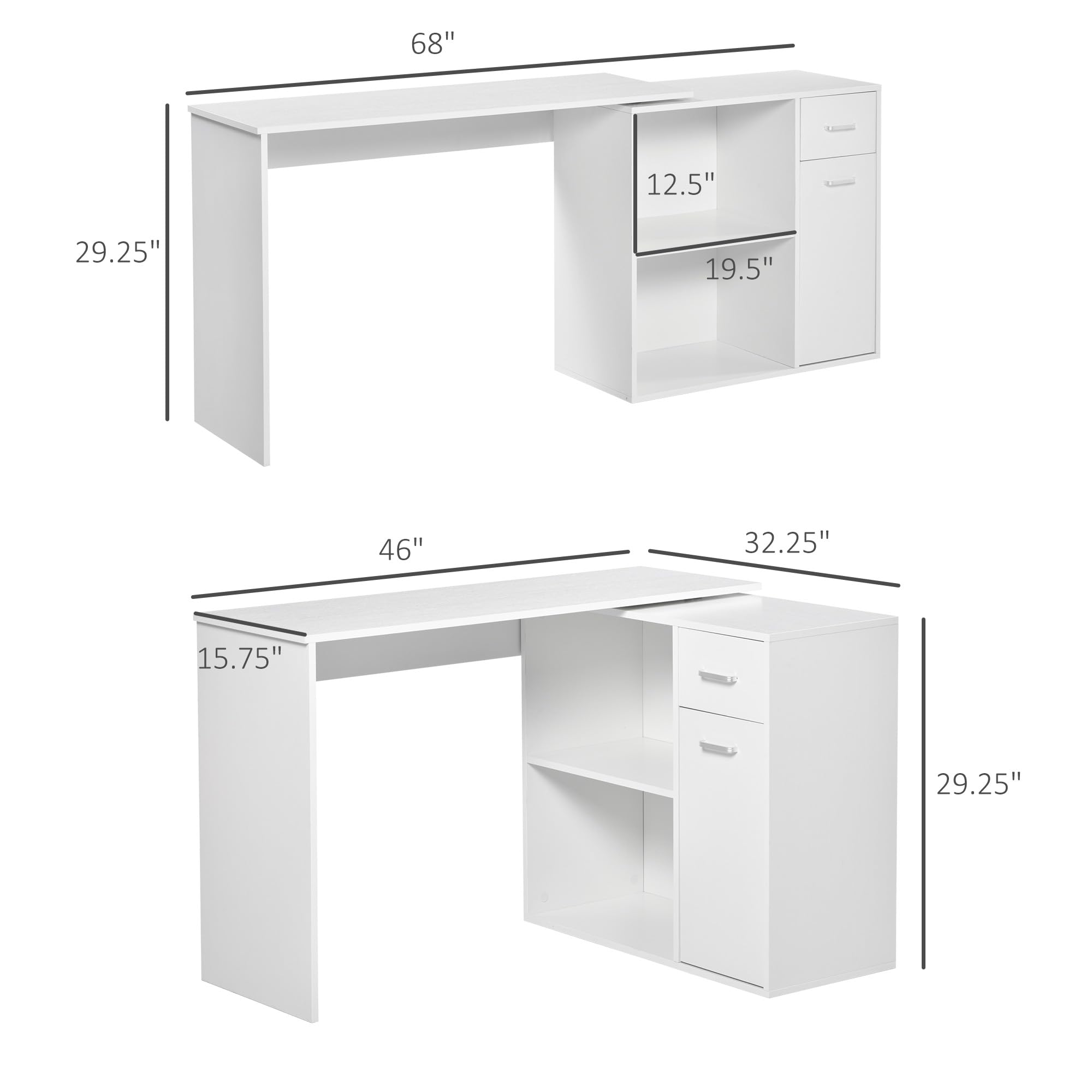 HOMCOM L-Shaped Computer Desk with Storage Shelves, Drawer & Cabinet - 180° Rotating Corner Study Workstation for Home Office, White - Perfect for Small Spaces, Gaming & Remote Work Setup