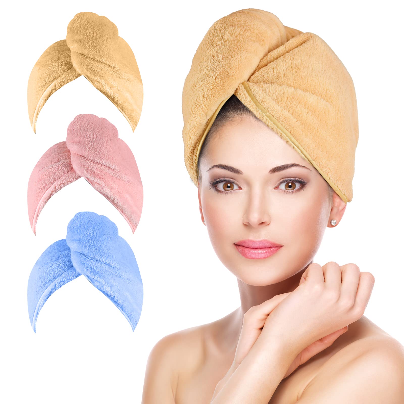 DSJIFGEW Microfiber Hair Towel Wrap (3-Pack) - Ultra Soft & Super Absorbent Hair Turban for Women - Anti-Frizz Quick Dry Hair Towel for Wet, Curly & Thick Hair - Perfect for Post-Shower, Salon & Travel Use