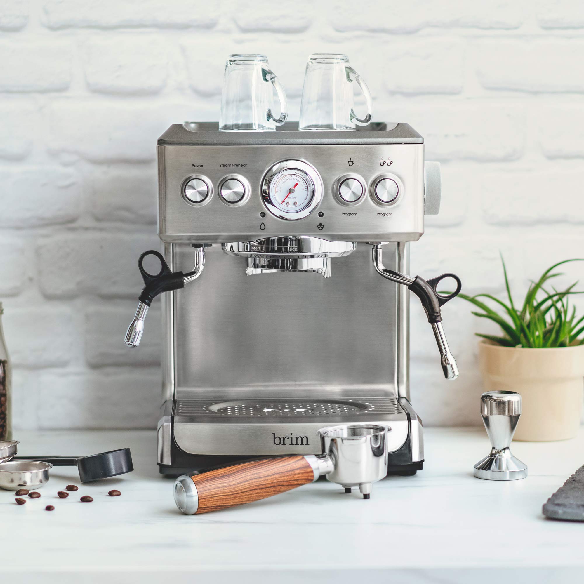 Brim 19 Bar Espresso Machine - Fast Heating Professional Coffee Maker for Cappuccino, Americano & Latte with Milk Steamer/Frother | Stainless Steel with Wood Accents | Removable Parts for Easy Cleaning | Perfect for Home Kitchen & Office Coffee Break
