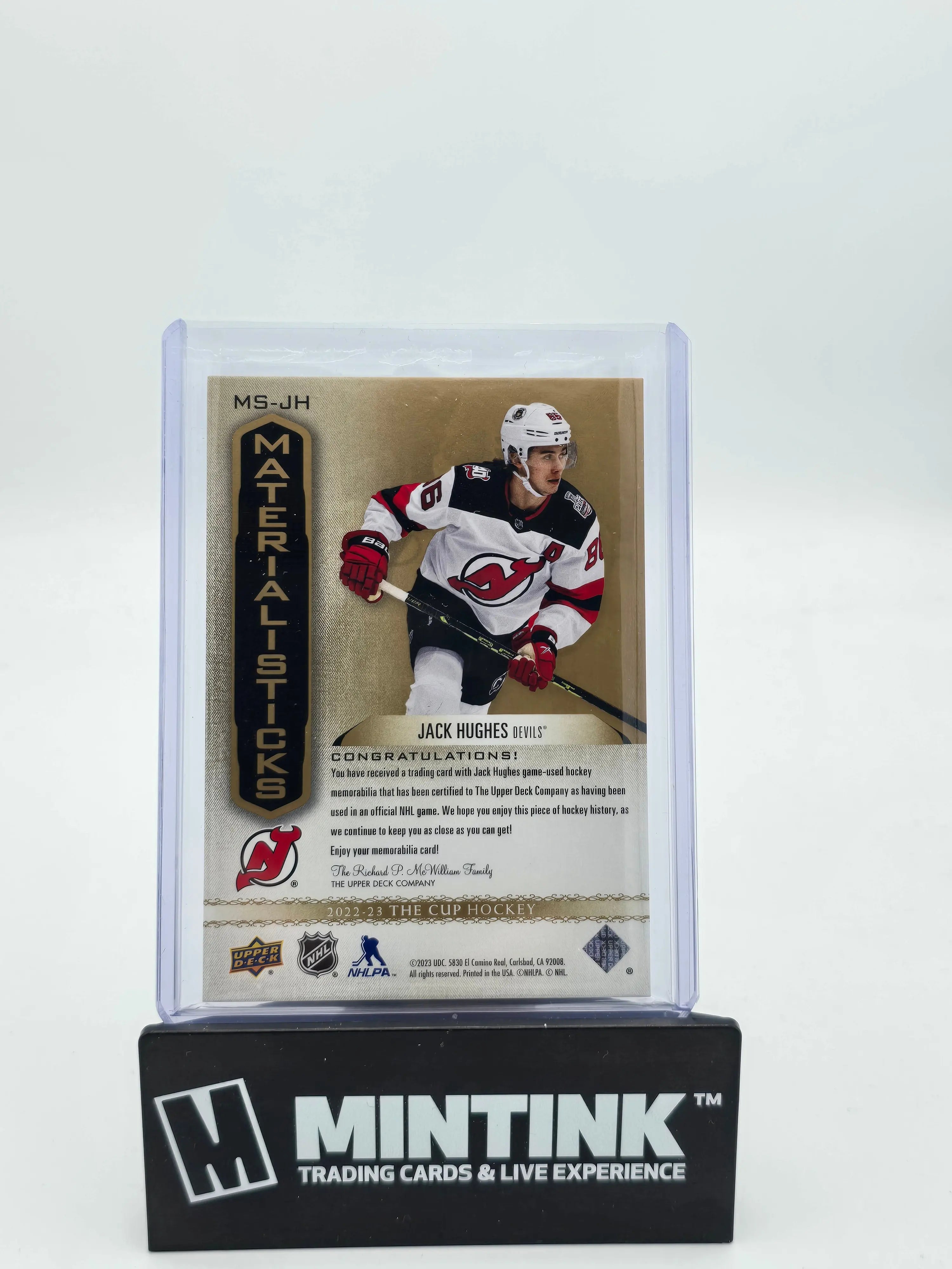 2022-23 Upper Deck The Cup Hockey Jack Hughes Gold Foil Dual Material Sticks /25 - Rare Collectible Hockey Card for Trading & Display