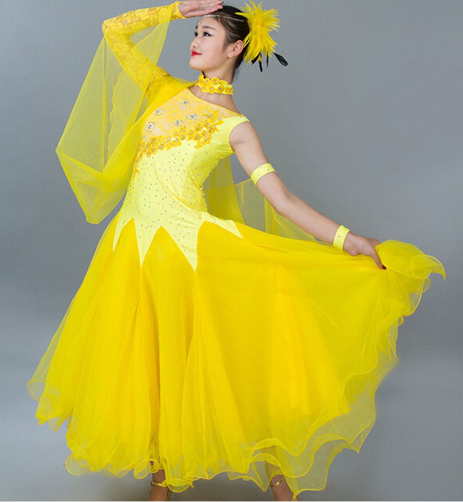 Elegant Women's Modern Waltz Tango Smooth Ballroom Dance Dress - Standard Competition Ball Gown (Yellow, Size M) | Perfect for Professional Dance Competitions, Performances & Social Dancing Events