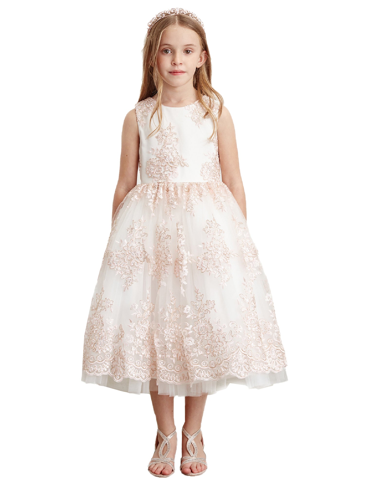 Big Girls Blush Metallic Lace Overlay Tulle Junior Bridesmaid Dress - Size 8-16 - Perfect for Weddings, Prom & Formal Events