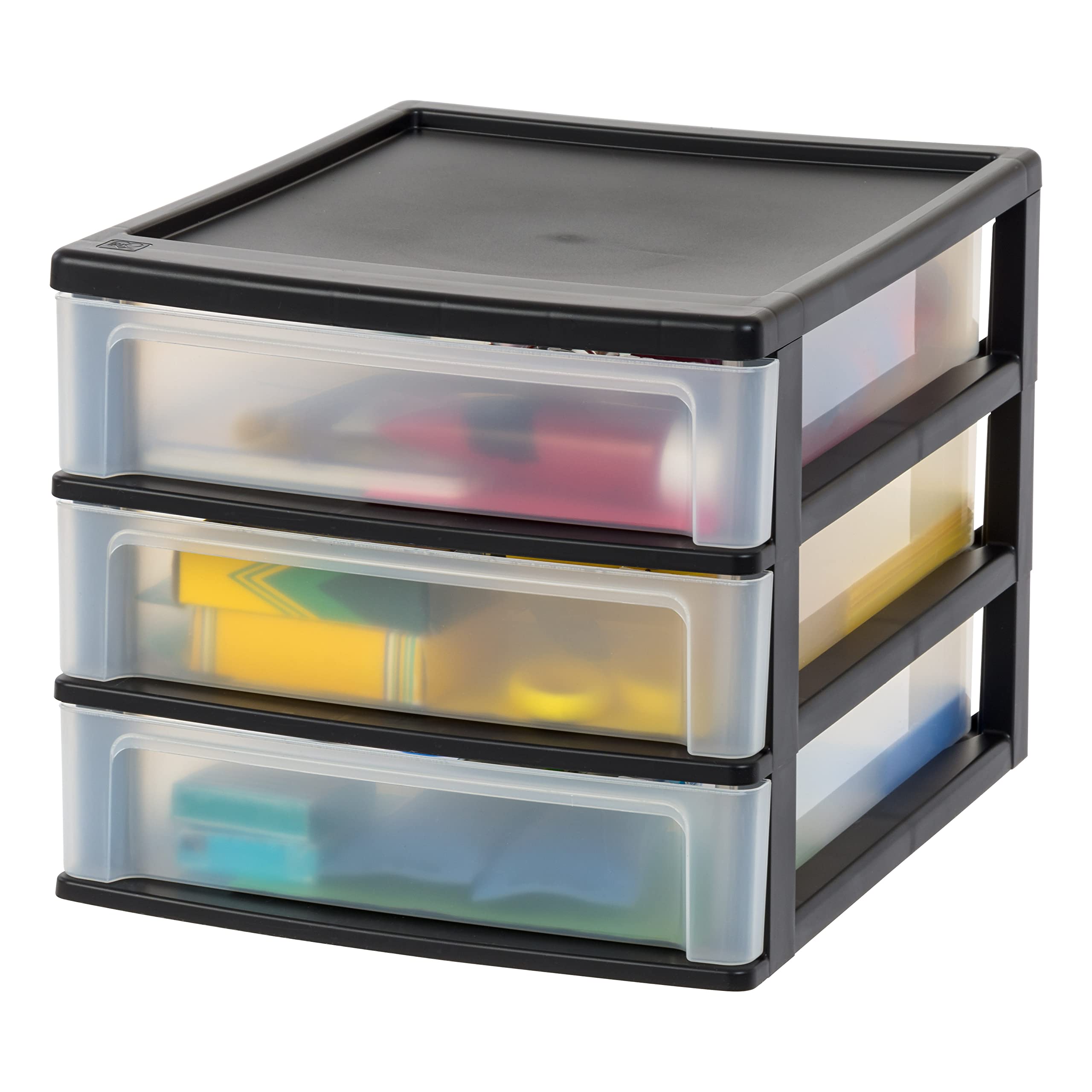 IRIS USA 3-Drawer Plastic Stacking Desk Organizer - Black Medium Storage Bin for Makeup, Nail Polish, Bathroom, Stationery, Crafts, Kitchen, Office & Garage - Perfect for Small Space Organization & Decluttering