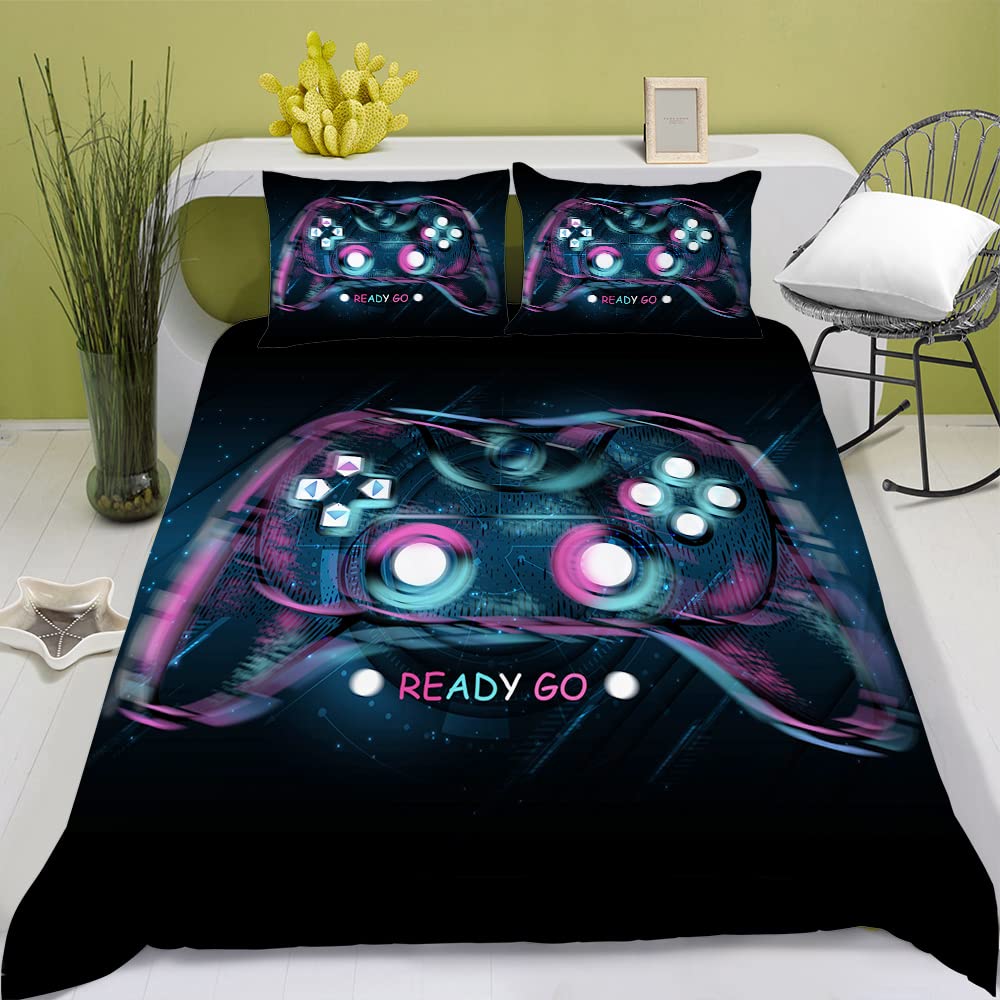 Sunnycitron Queen Size Gaming Bedding Set - 3 Piece Duvet Cover with 2 Pillowcases | Lightweight Soft Microfiber Gamepad Design for Boys & Teens | Perfect for Gamers' Bedroom Decor (Black) - Ideal for Gaming Rooms, Teen Bedrooms & Esports Enthusiasts