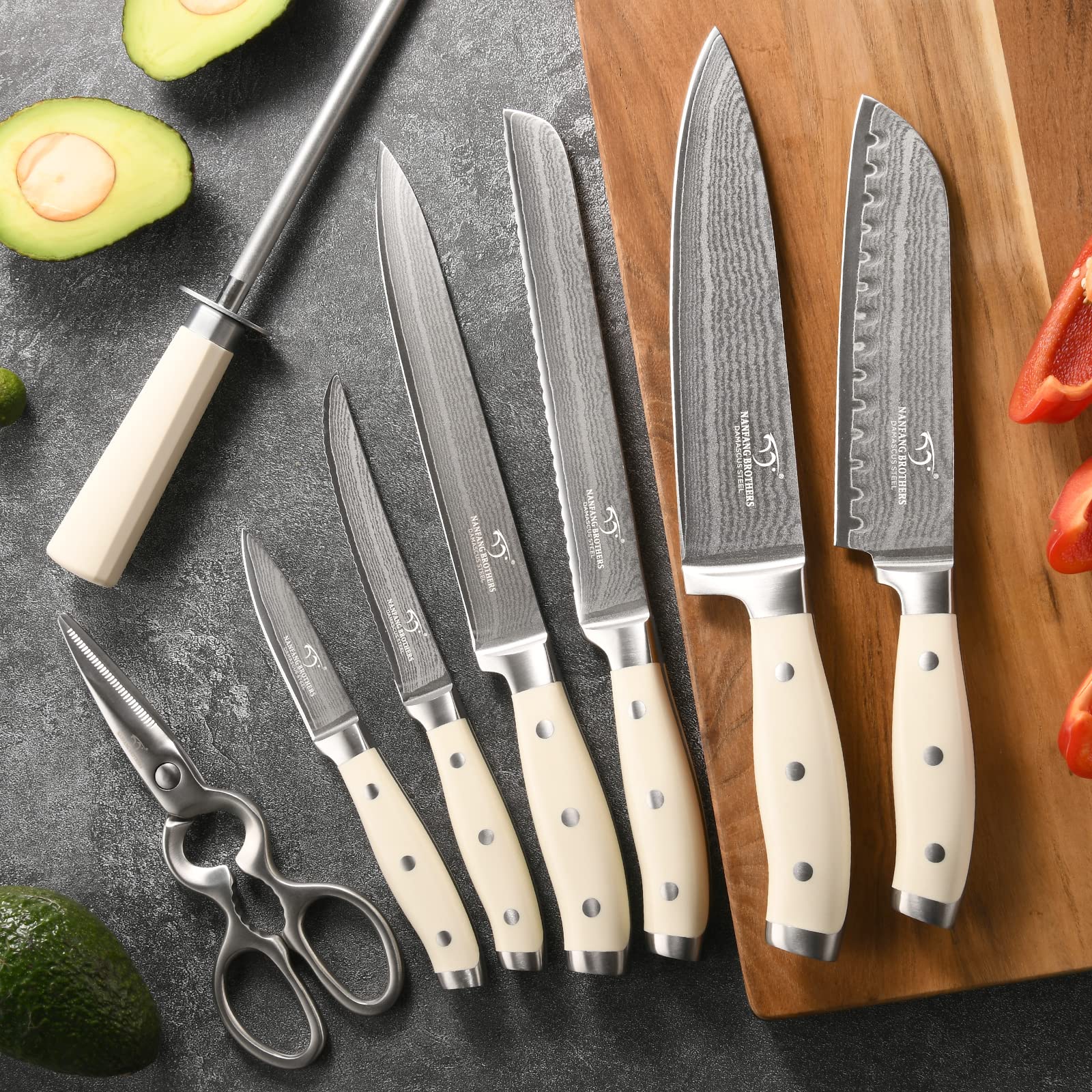 Premium 14-Piece Damascus Steel Knife Set with Wooden Block - Ergonomic ABS Handle, Knife Sharpener & Kitchen Shears - Professional Chef Knives for Chopping, Slicing, Dicing - Perfect for Home Cooking, Restaurant & Gourmet Food Preparation