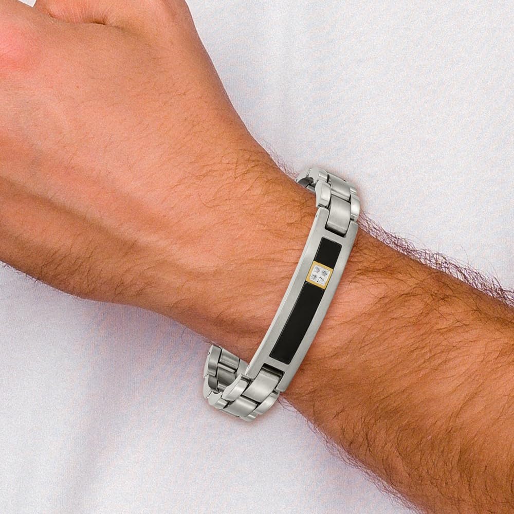 Men's Titanium & 14k Gold Black Onyx Diamond Bracelet - Polished & Brushed Finish - 8.75