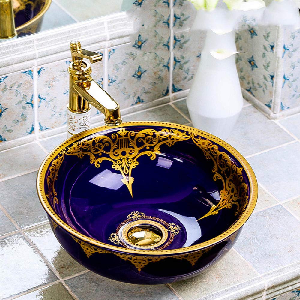 Blue Ceramic Vessel Sink - Modern Countertop Bathroom Basin, Above Counter Art Basin for Vanity & Powder Room | Perfect for Contemporary Home Decor & Luxury Bathroom Renovations