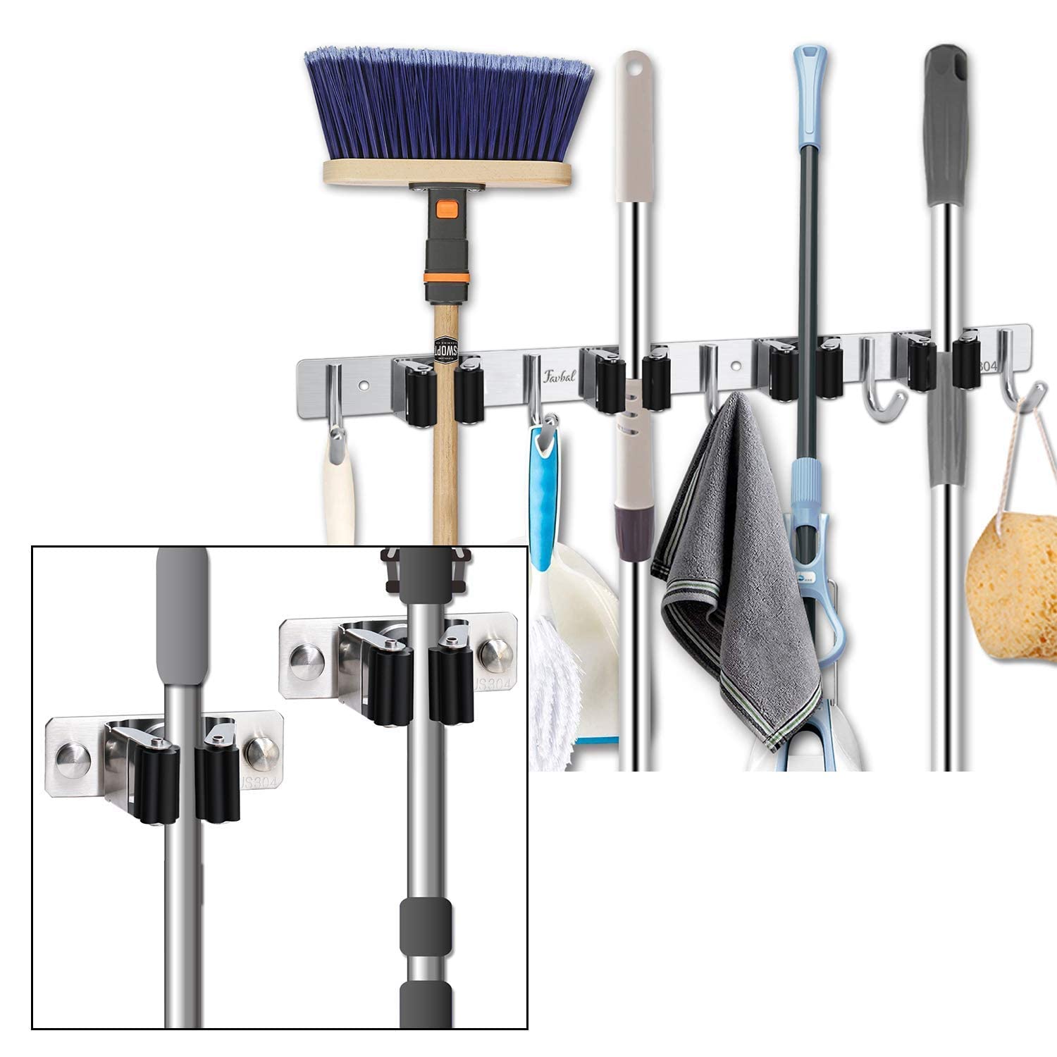 Stainless Steel Wall Mount Broom and Mop Holder - Heavy Duty Garage Storage Organizer with Utility Hooks for Brooms, Mops & Tools - Perfect for Garage, Laundry Room, Kitchen & Workshop Organization
