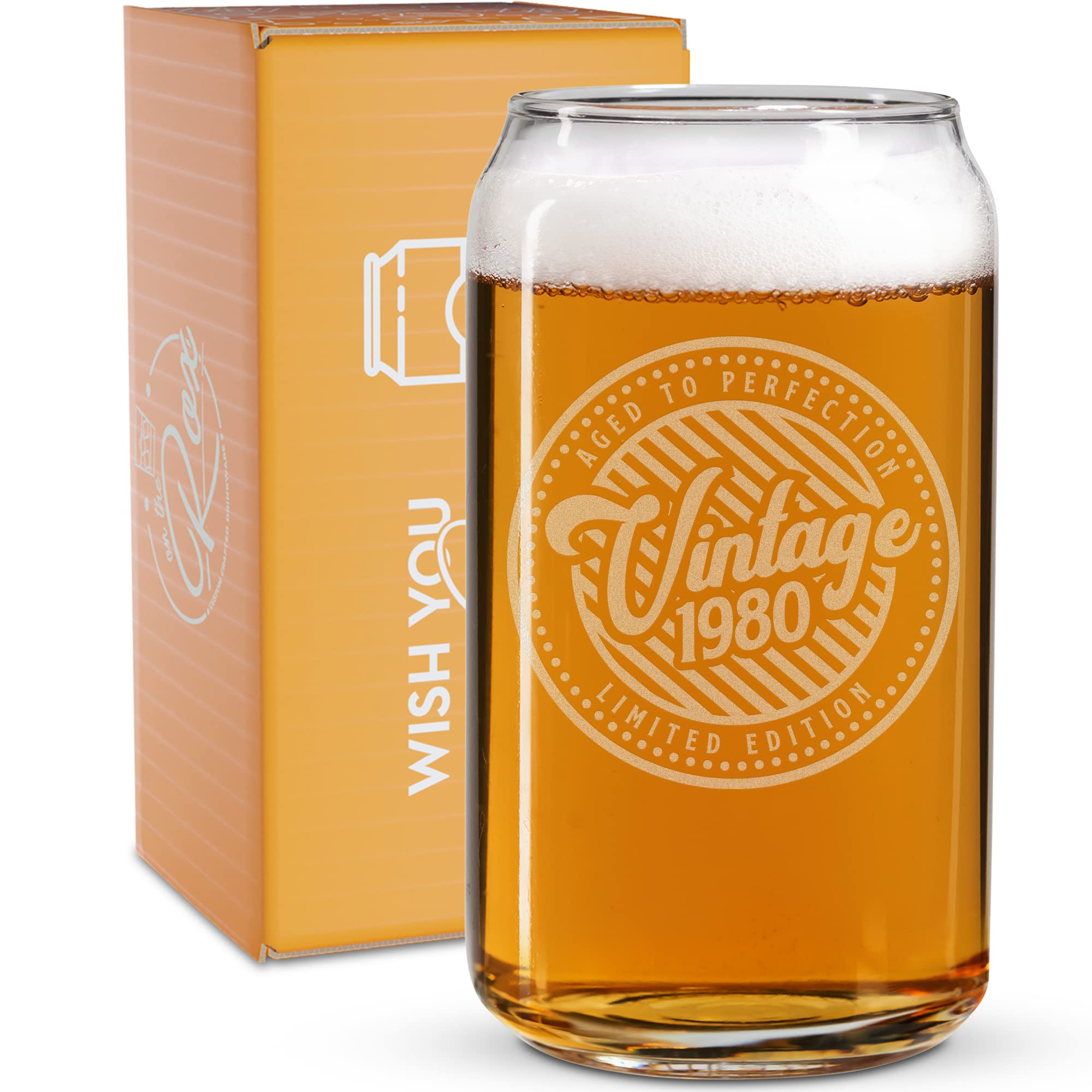 Vintage 1980 Engraved 16 Oz Beer Can Glass - Perfect 44th Birthday Gift for Women & Men Born in 1980 - Includes Retro 1980 Birthday Card & Candy Decorations - Ideal for Nostalgic Parties, Themed Celebrations & Unique Gift Giving