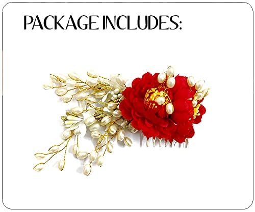 Artificial Peony Flower Hair Comb with Pearls - Elegant Hair Bun & Side Pin Accessories for Women & Girls (Red) | Perfect for Weddings, Prom & Special Occasions