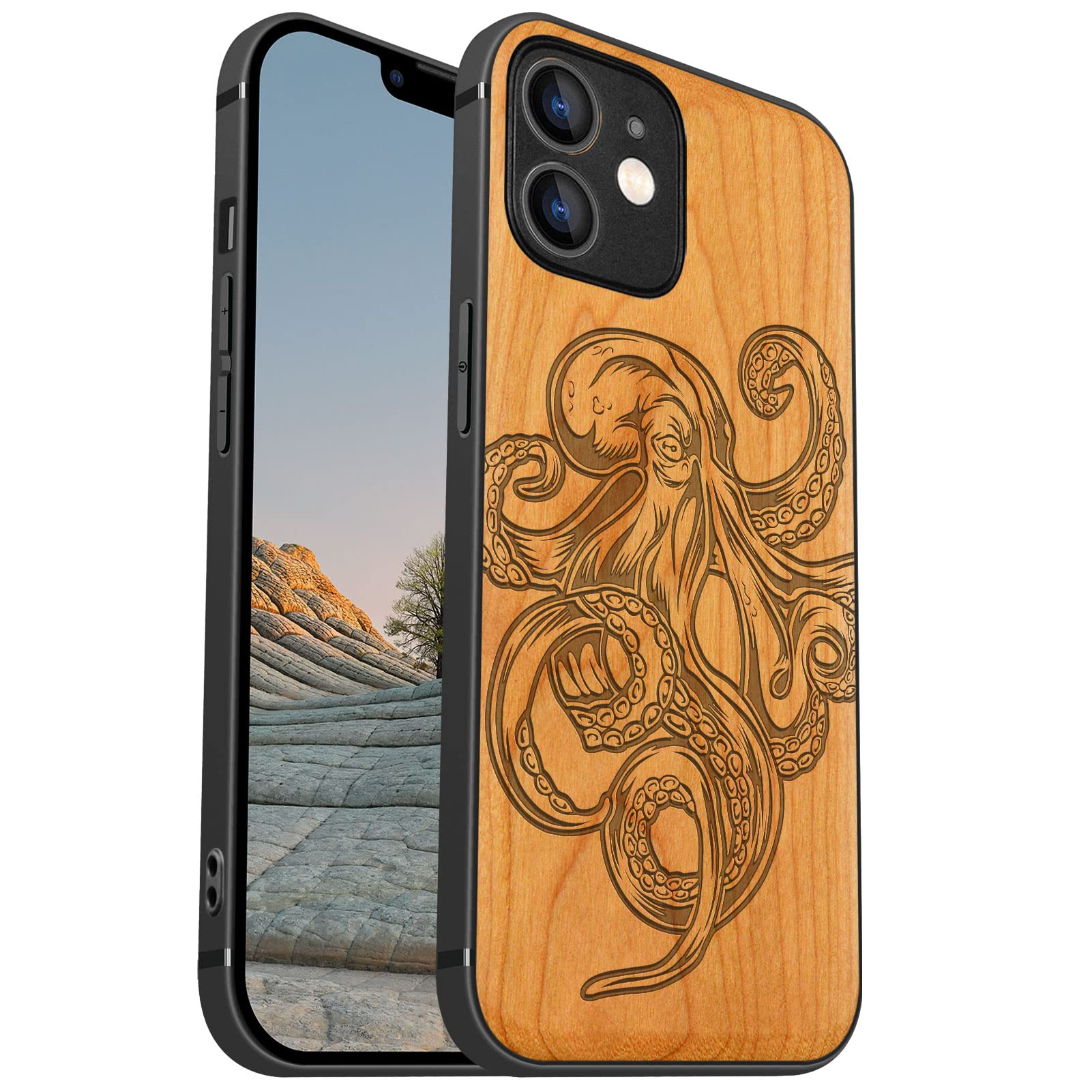 Carveit Magnetic Wood Case for iPhone 12 Mini - Natural Cherry Wood & Black TPU Shockproof Protective Cover - MagSafe Compatible - Unique Octopus Design - Perfect for Business, Travel & Everyday Use