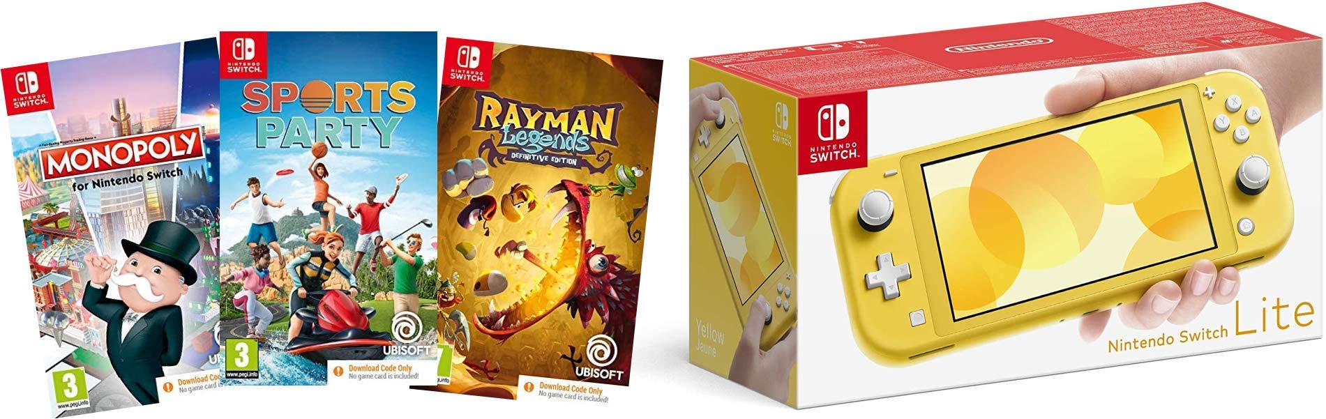 Nintendo Switch Lite Yellow Console with Sports Party, Rayman Legends & Monopoly Digital Game Codes - Portable Gaming for Travel, Commuting & Family Game Nights