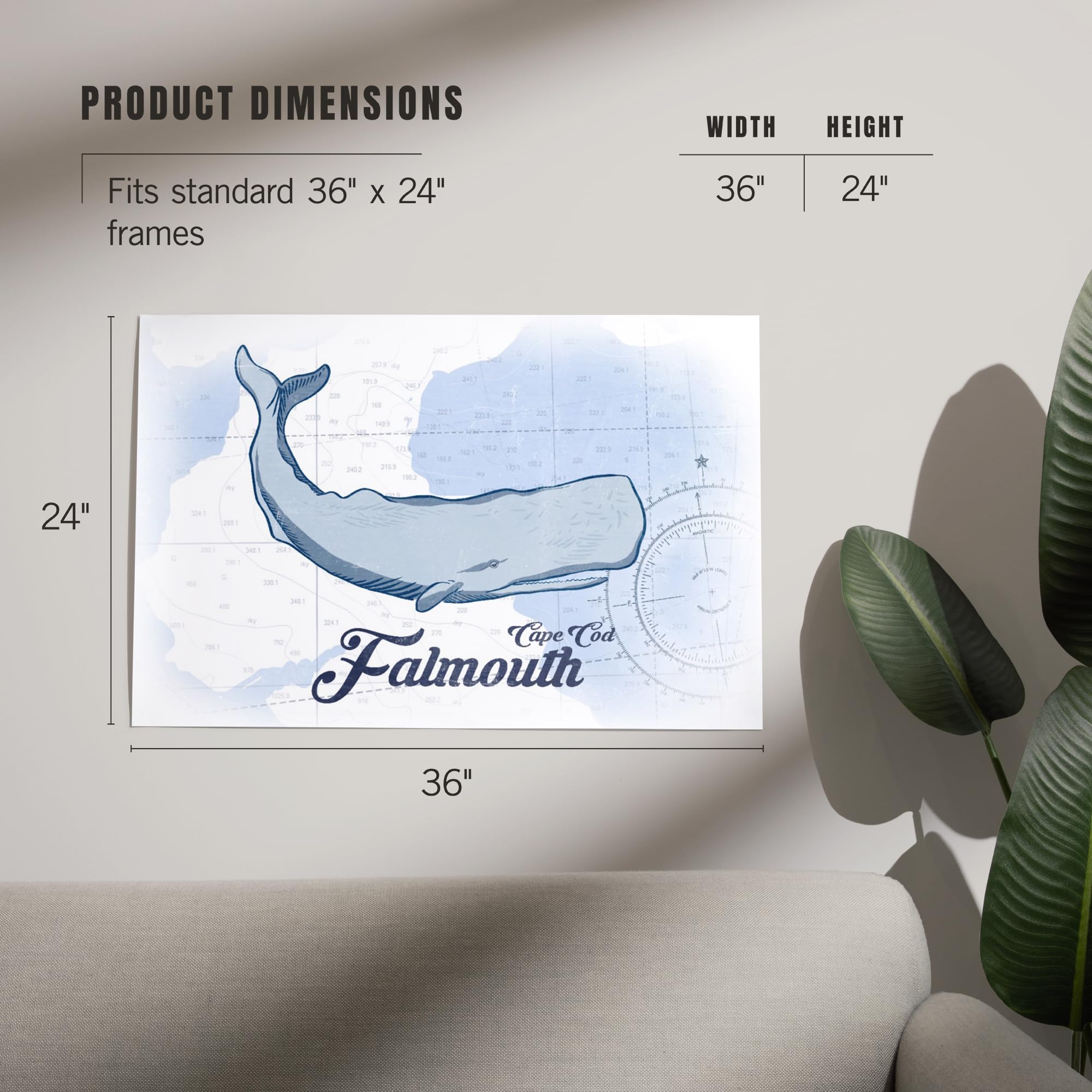 Lantern Press 24x36 Inch Giclee Art Print - Falmouth Cape Cod Massachusetts Coastal Wall Decor with Whale Design in Blue | Perfect for Beach House, Living Room or Office Artwork