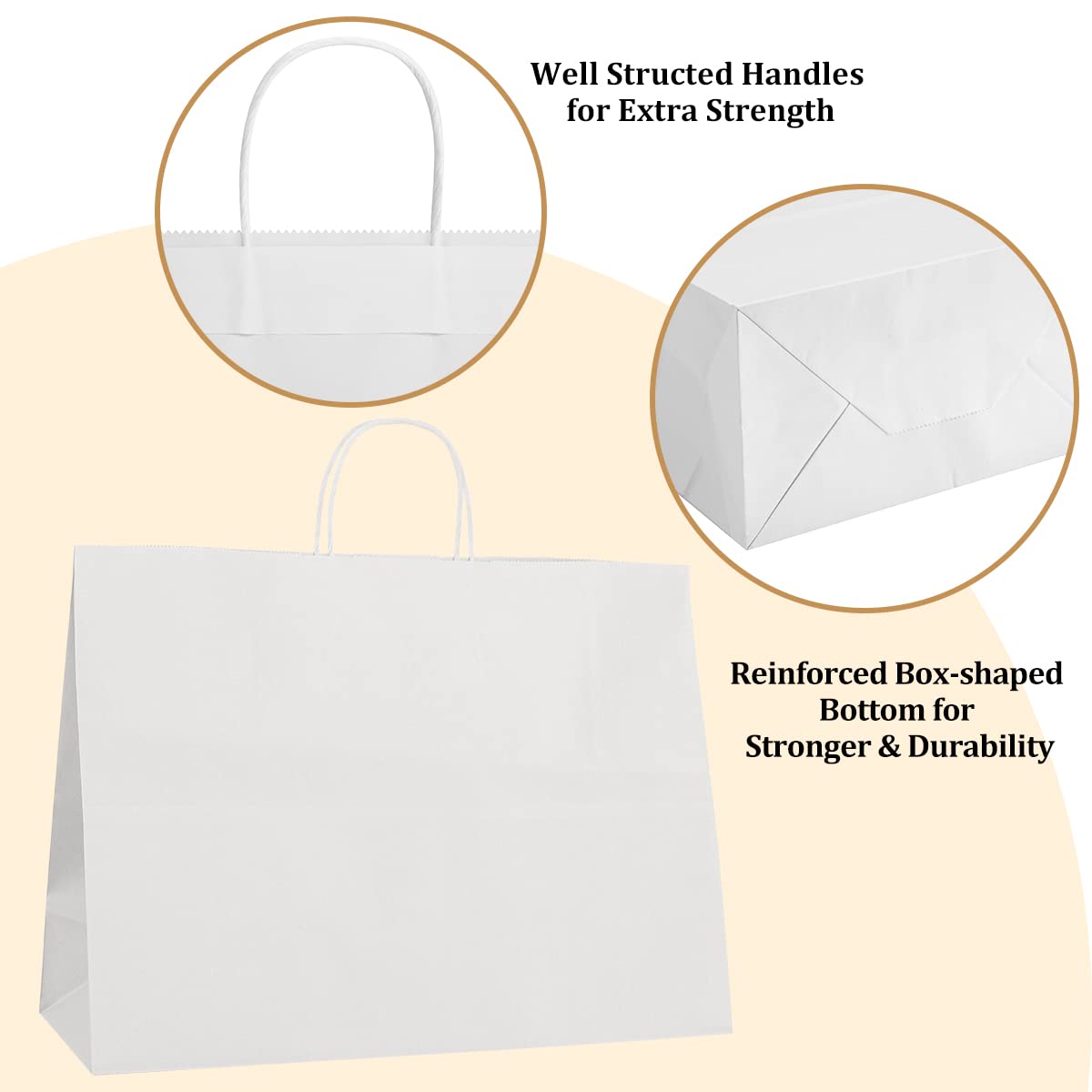 50-Pack 16x6x12 Inch White Kraft Paper Bags with Handles - Bulk Shopping Bags for Retail, Grocery, Gift & Merchandise - Perfect for Small Businesses, Parties & Eco-Friendly Packaging