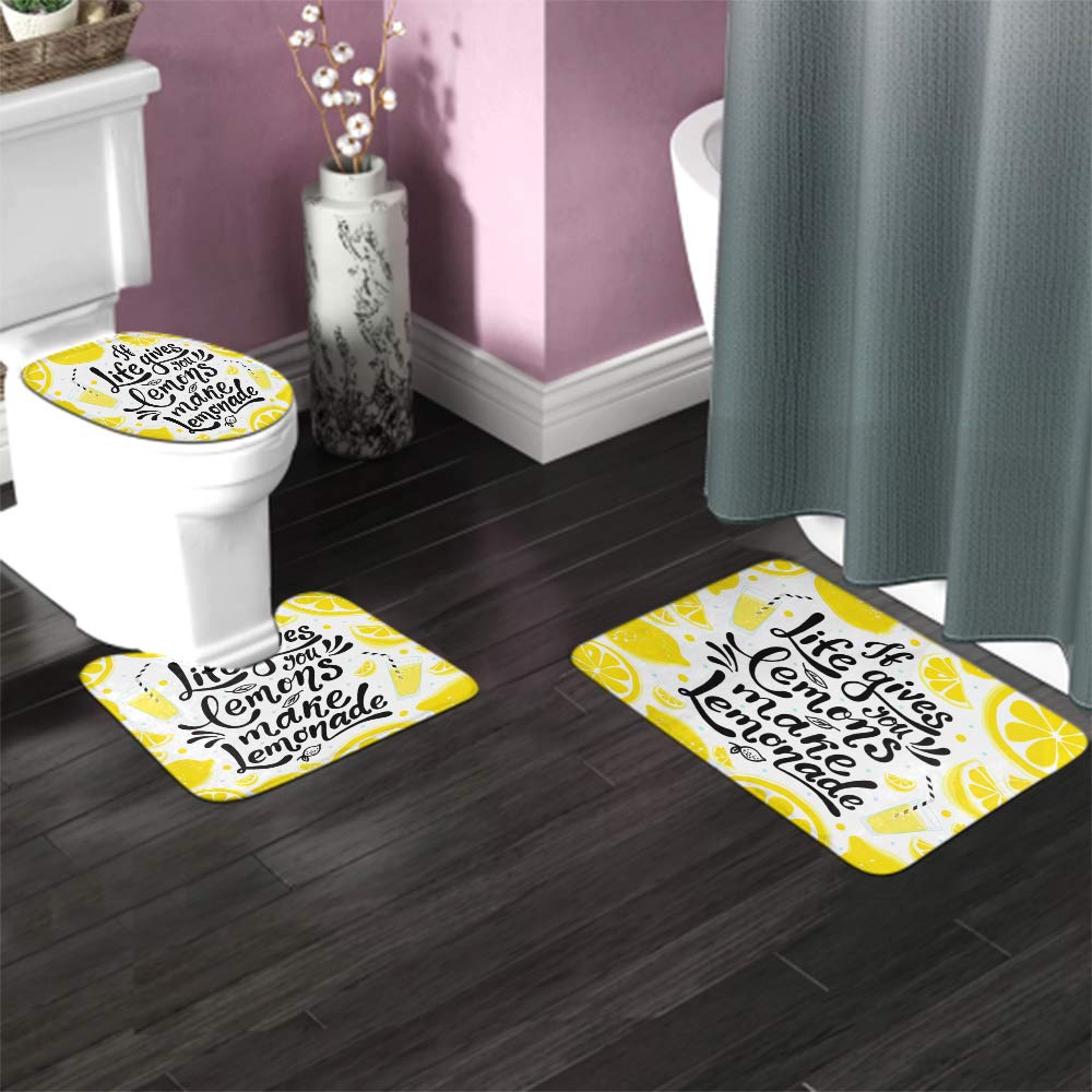 Motivational Quote Bath Mat Set - 3 Piece Non-Slip Bathroom Rug with Toilet Lid Cover (Yellow, White, Black) - 'When Life Gives You Lemons Make Lemonade' - Perfect for Bathroom Decor, Housewarming Gifts & Spa Retreats