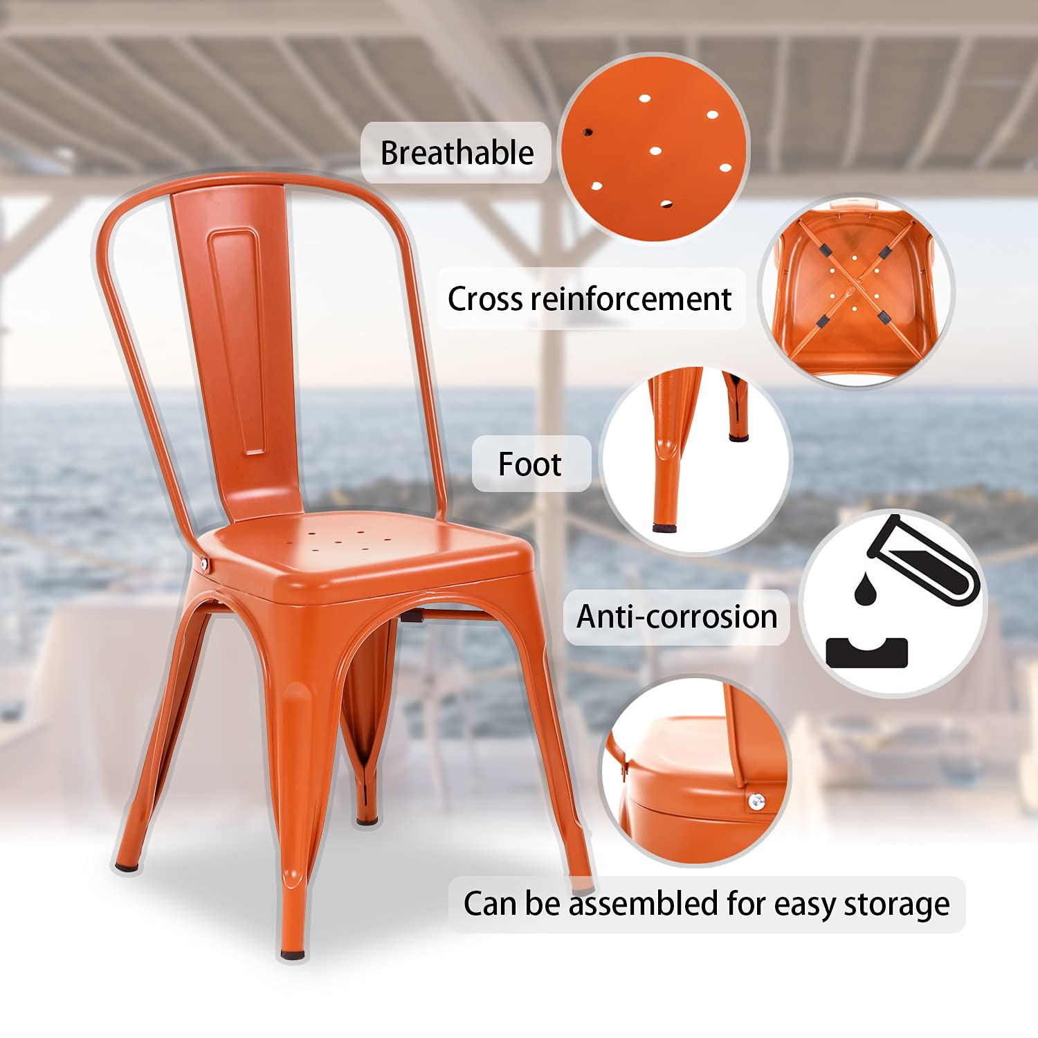 4-Pack Metal Dining Chairs - Indoor/Outdoor Stackable Kitchen & Patio Chairs with Back Support, 330 LBS Capacity (Orange) - Perfect for Restaurants, Cafes, and Home Dining Areas
