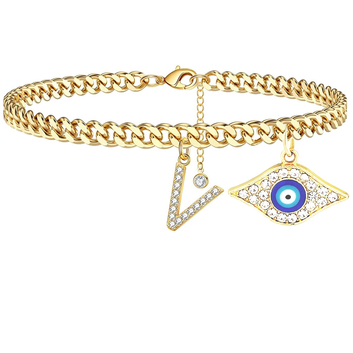 18K Gold Plated Dainty Cuban Link CZ Initial Anklet for Women - Evil Eye Protection Ankle Bracelet, Summer Jewelry Gift for Teen Girls & Women - Perfect for Beach Vacations, Date Nights & Everyday Wear