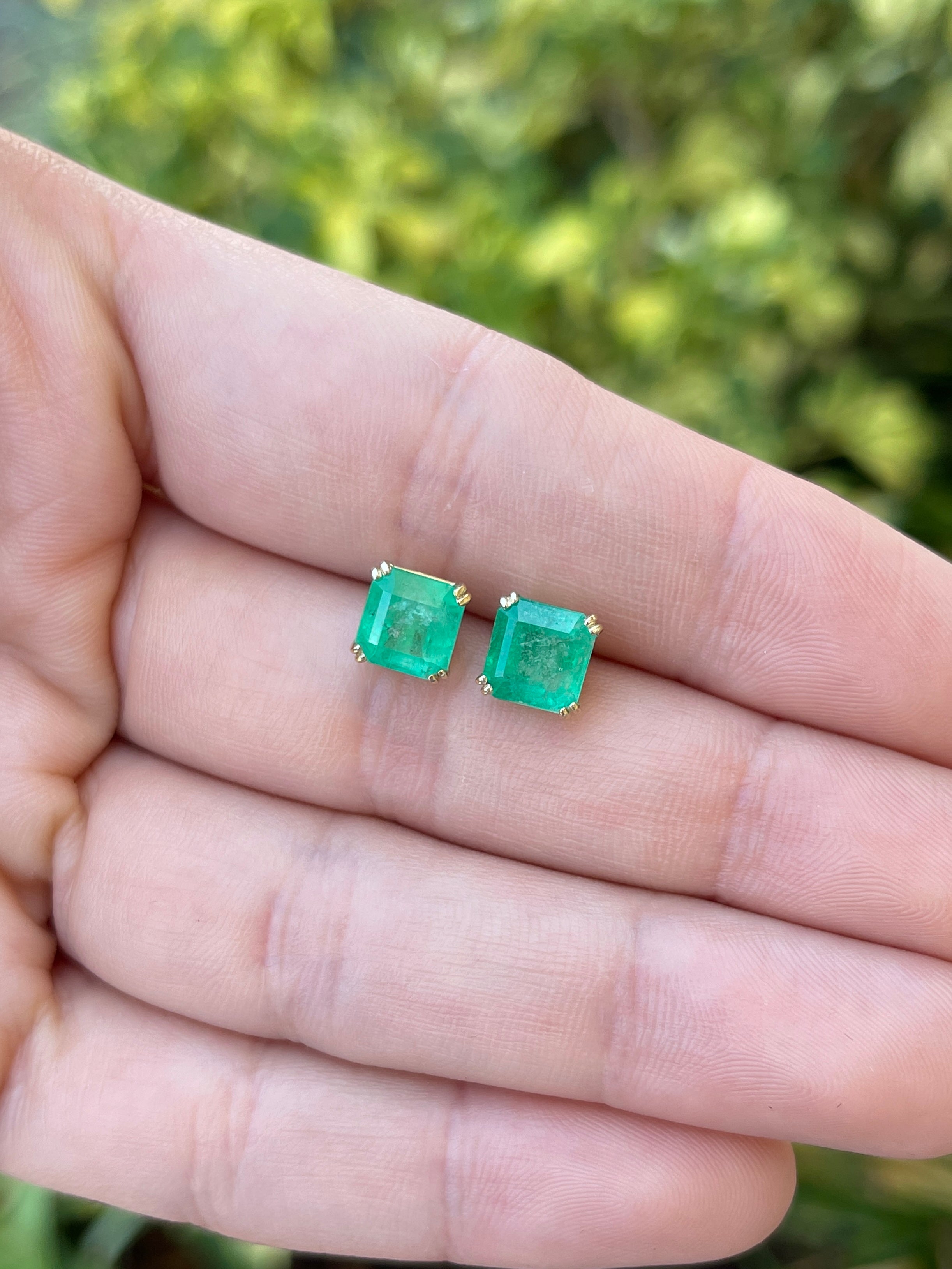 2.45tcw 7x7 Earthy Natural Asscher Cut Colombian Emerald Double Prong Stud Earrings in 14K Gold – Perfect for Weddings, Parties & Everyday Elegance