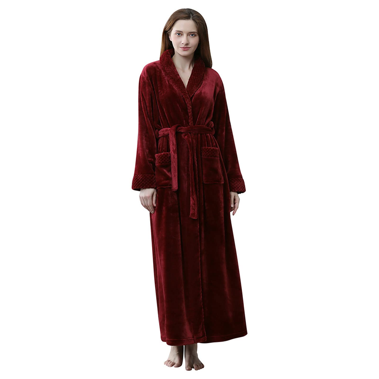 Women's Long Sleeve Winter Bathrobe - Solid Color Cozy Fleece Robe with Spliced Design for Home, Lounge & Spa Relaxation | Perfect for Cold Weather & Gift Giving