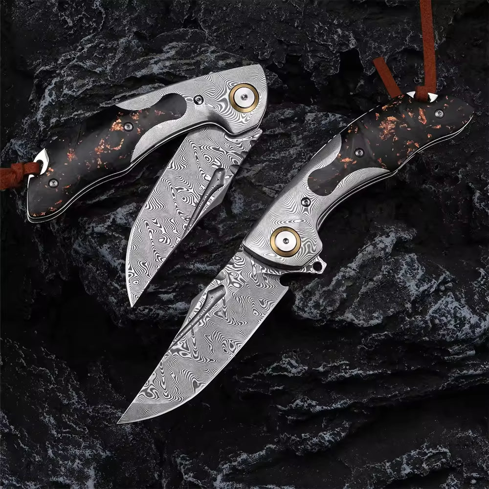 Premium Damascus Steel Pocket Knife for Men - Carbon Fiber Handle Folding Knife - Perfect for Outdoor, Camping, Hunting & EDC (Everyday Carry)