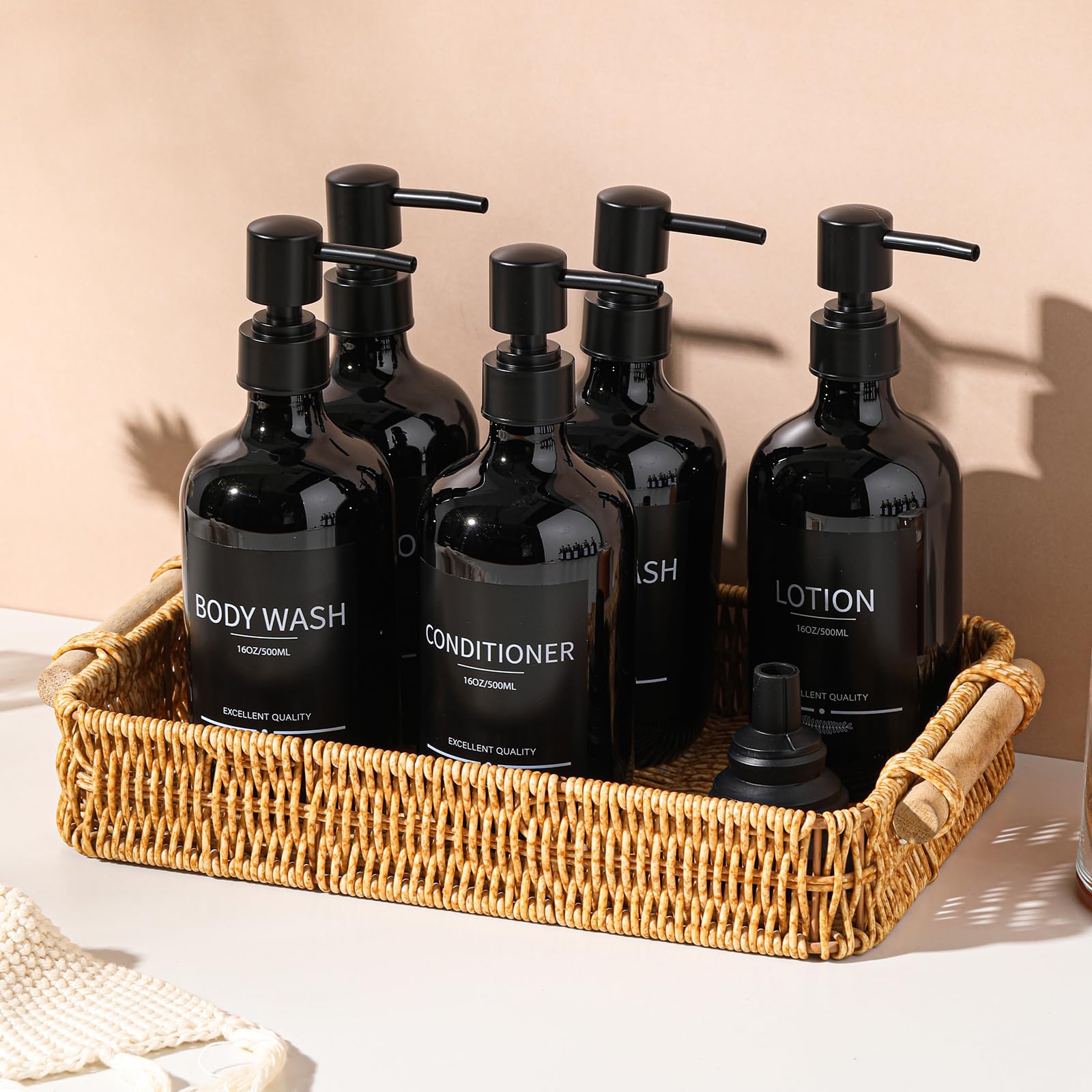 Refillable 16.9oz Shampoo and Conditioner Dispenser Bottles (5-Pack, Black) - Leakproof Shower Organizer for Bathroom, Salon, Gym & Travel