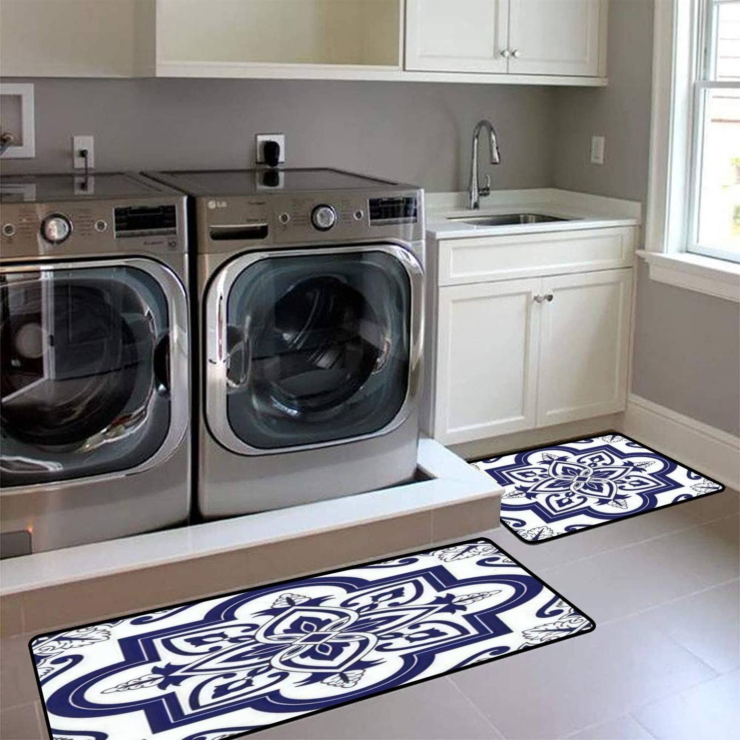 Dutch Tile Kitchen Rugs Set - Non-Slip Washable Floor Mat for Cooking & Decor