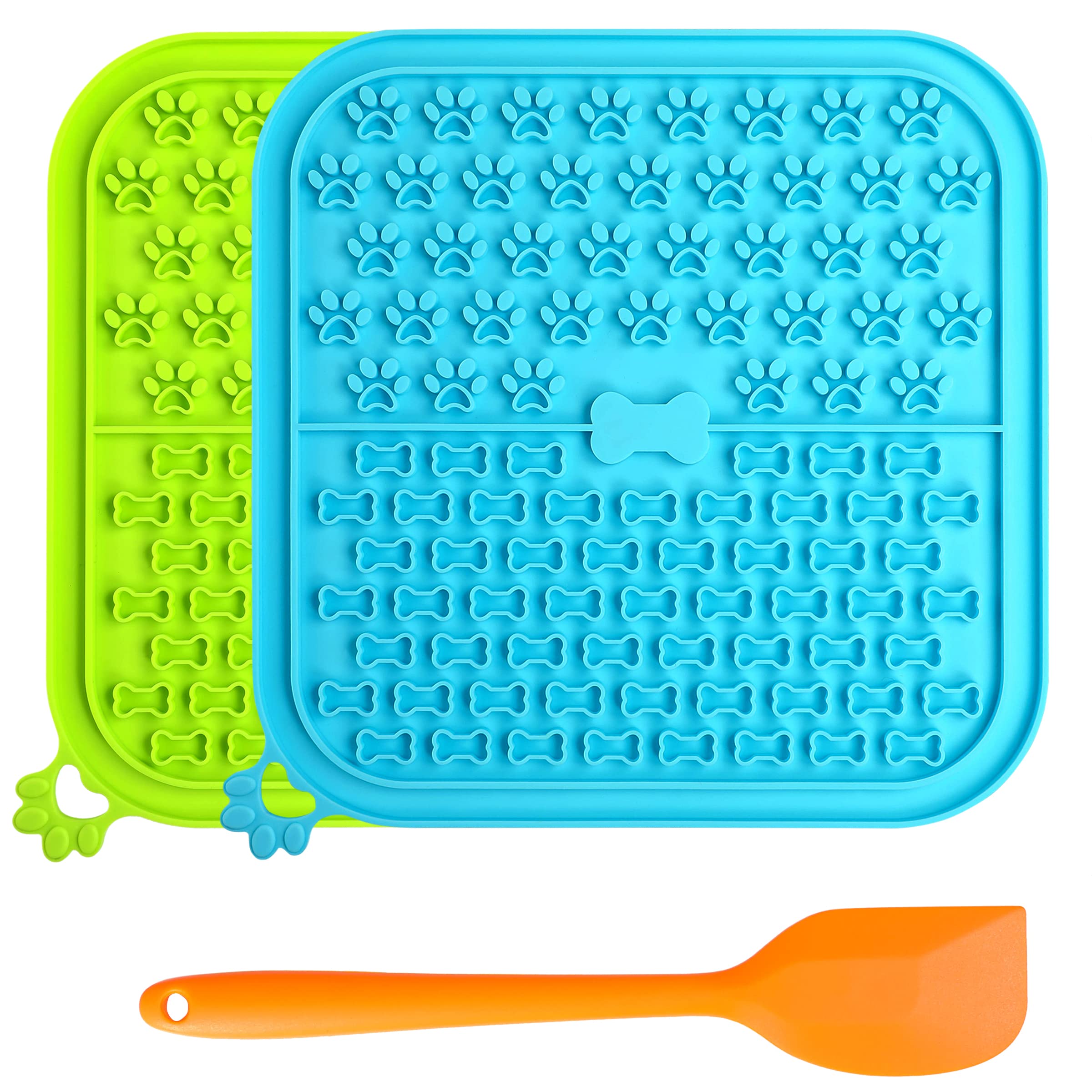 Non-Slip Lick Mat for Dogs - 2 Pack Slow Feeder with Suction Cups - Anxiety Relief & Mental Stimulation - Includes Scoop Spatula for Dog Treats & Cat Food (Blue & Green) - Perfect for Bath Time, Grooming & Mealtime Enrichment